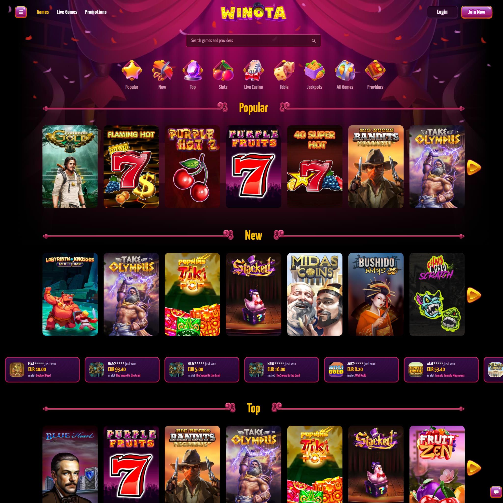 Winota Casino game catalogue