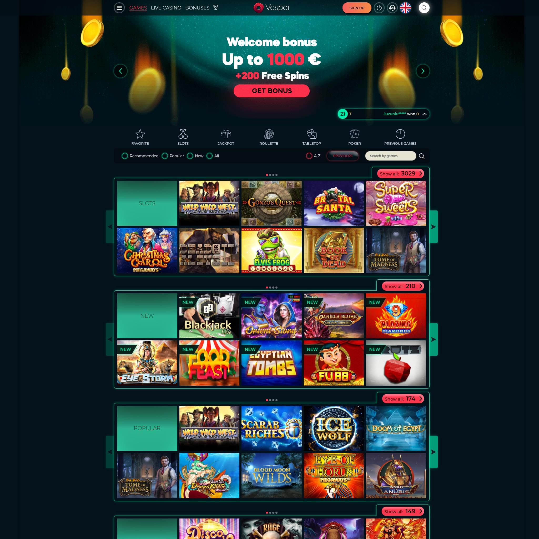 Vesper Casino game catalogue