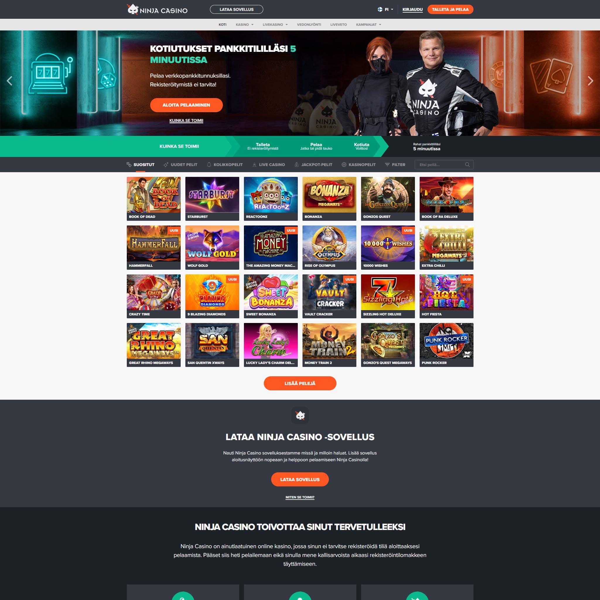 Suomalaiset nettikasinot tarjoavat monia hyötyjä pelaajille. Ninja Casino on suosittelemamme nettikasino, jolle voit lunastaa bonuksia ja muita etuja.