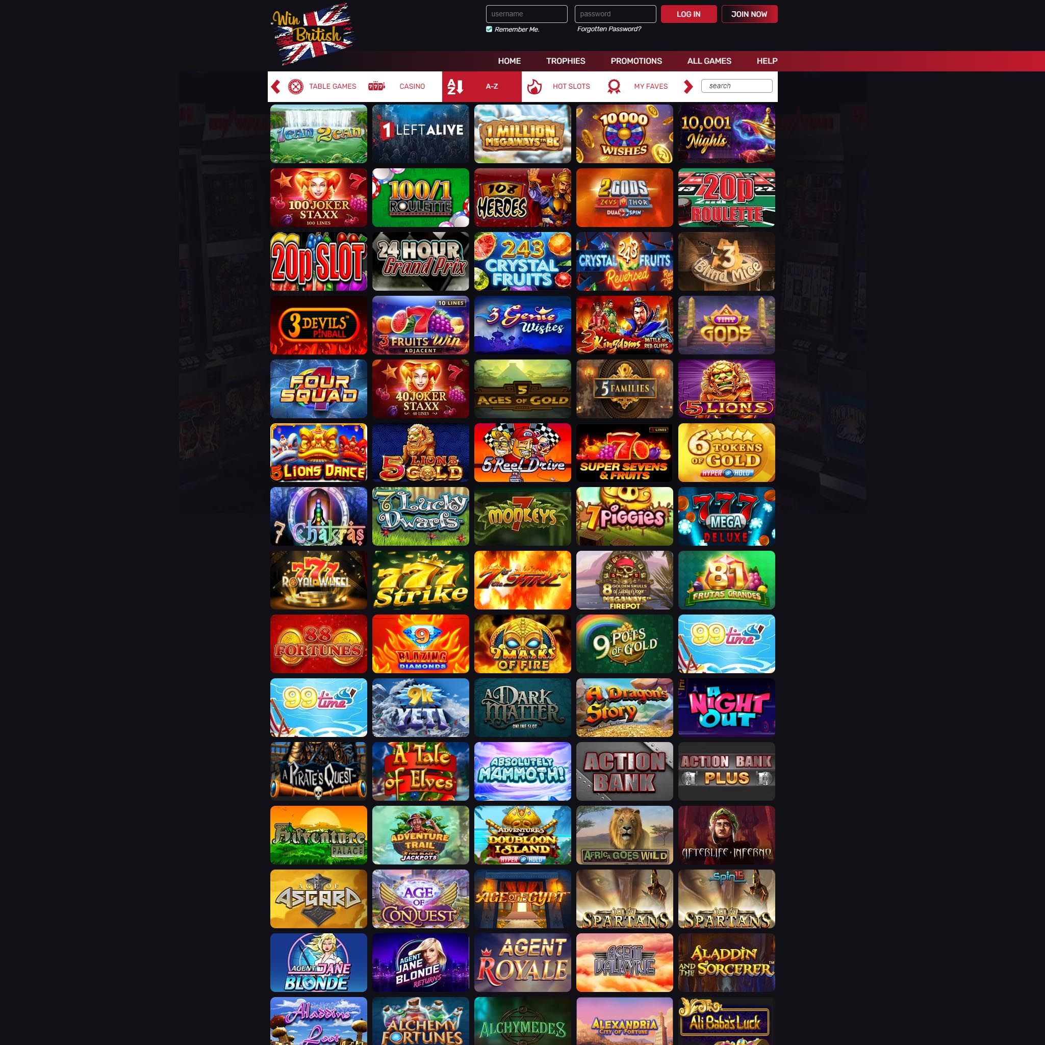WinBritish Casino full games catalogue