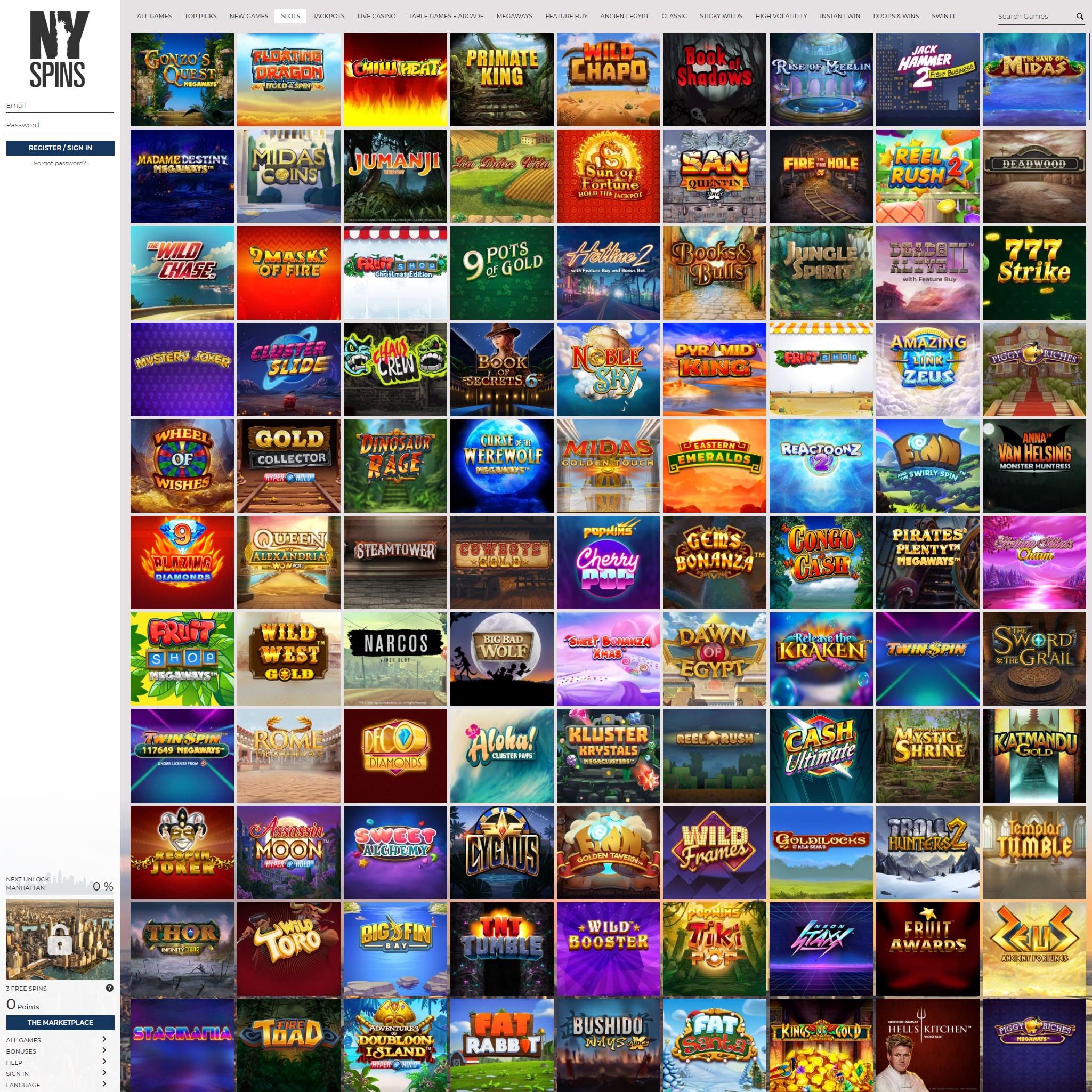 Find NYspins game catalog