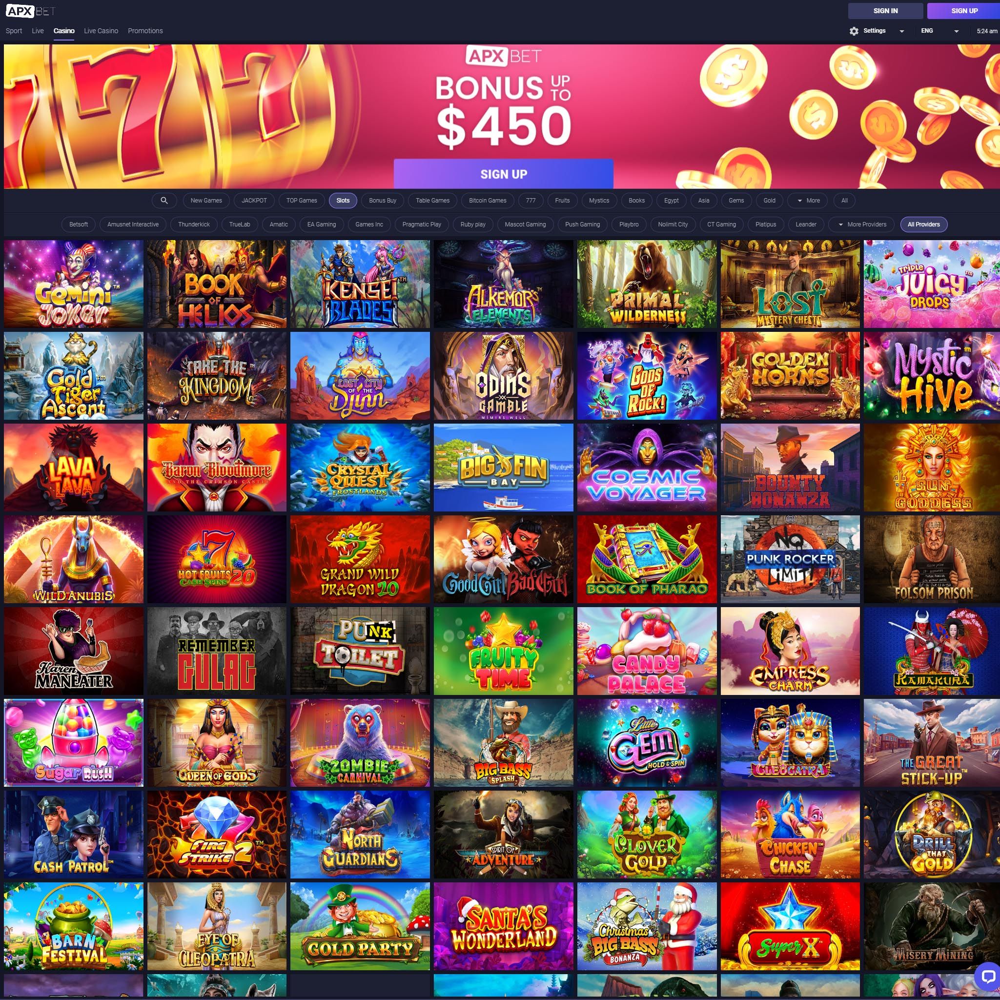 Find ApxBet Casino game catalog