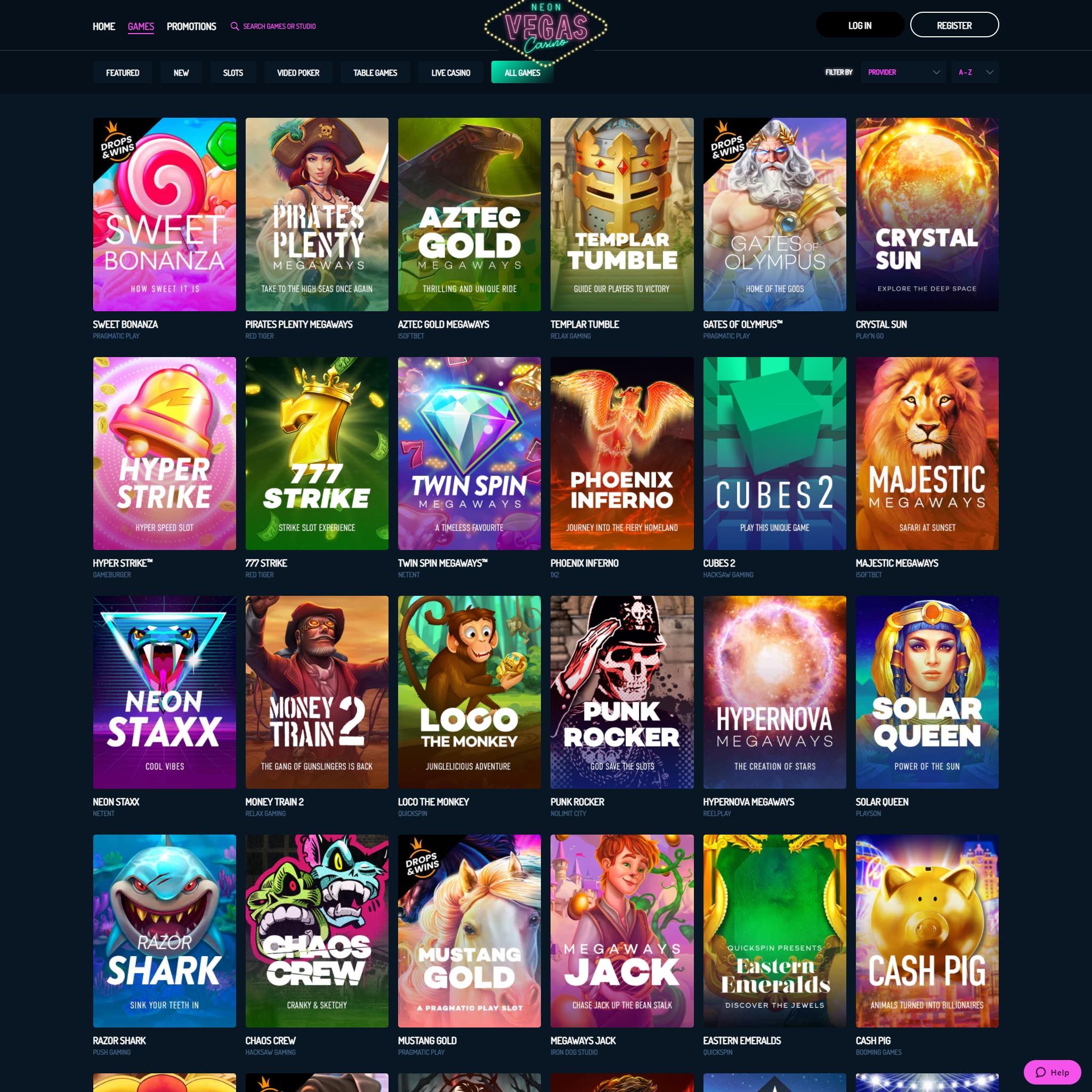 Neon Vegas Casino game catalogue