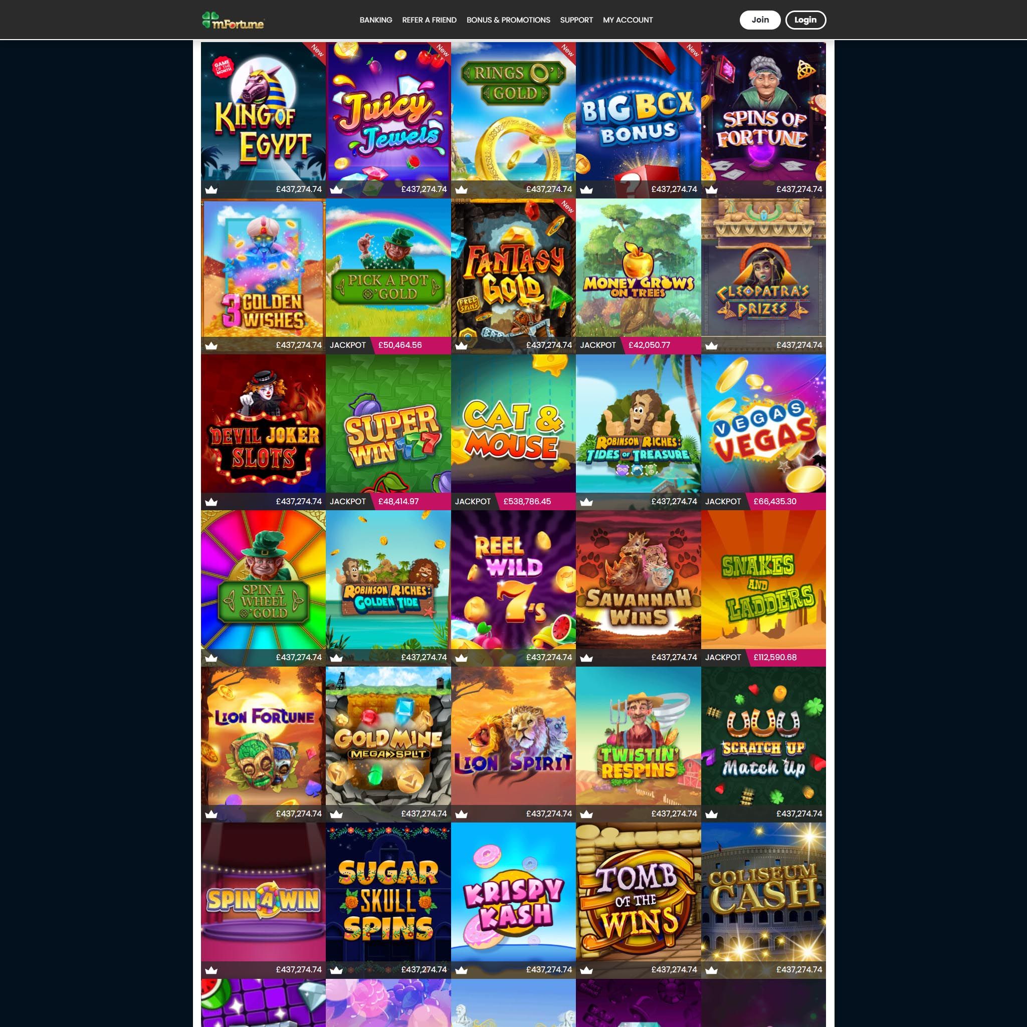 mFortune Casino game catalogue