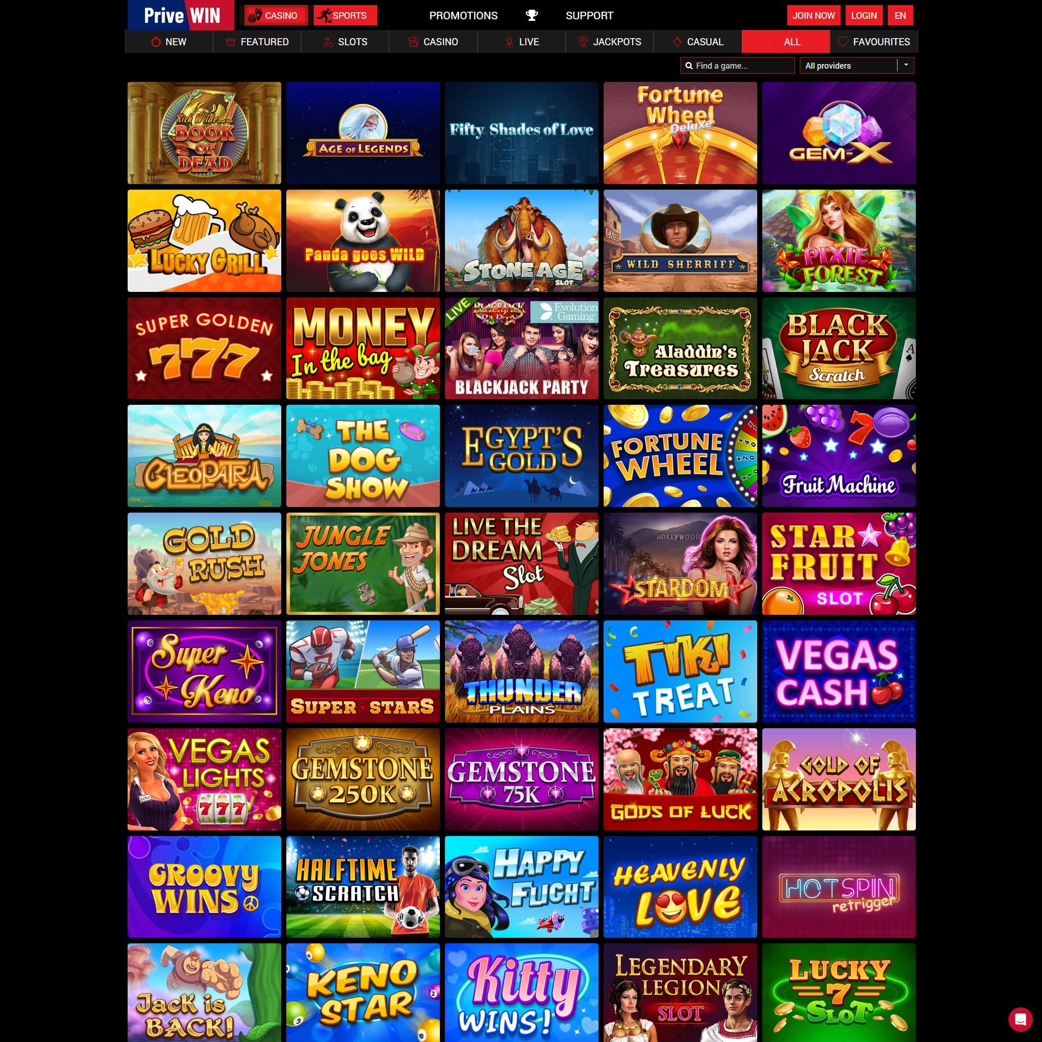 Privewin Casino full games catalogue