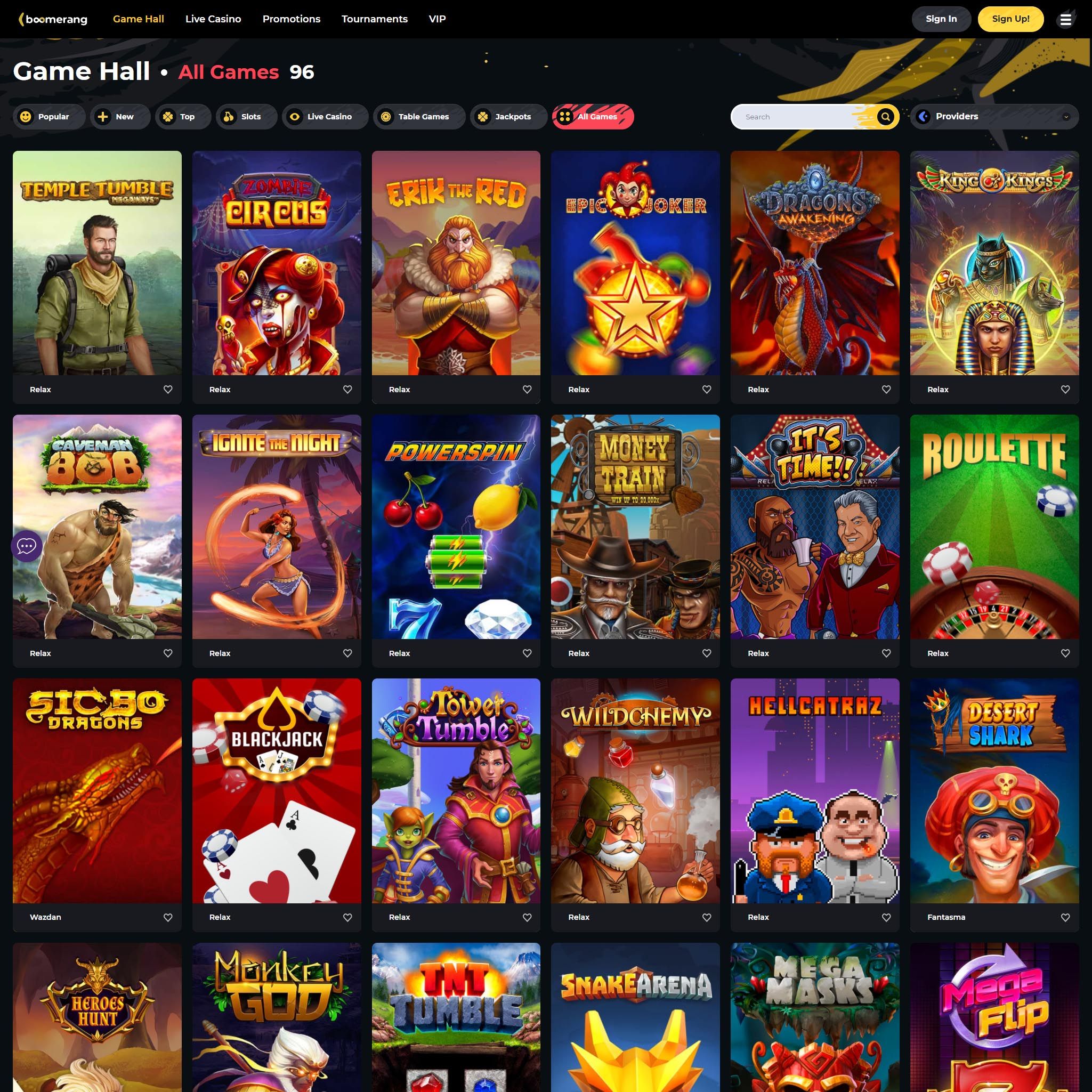Find Boomerang Casino game catalog
