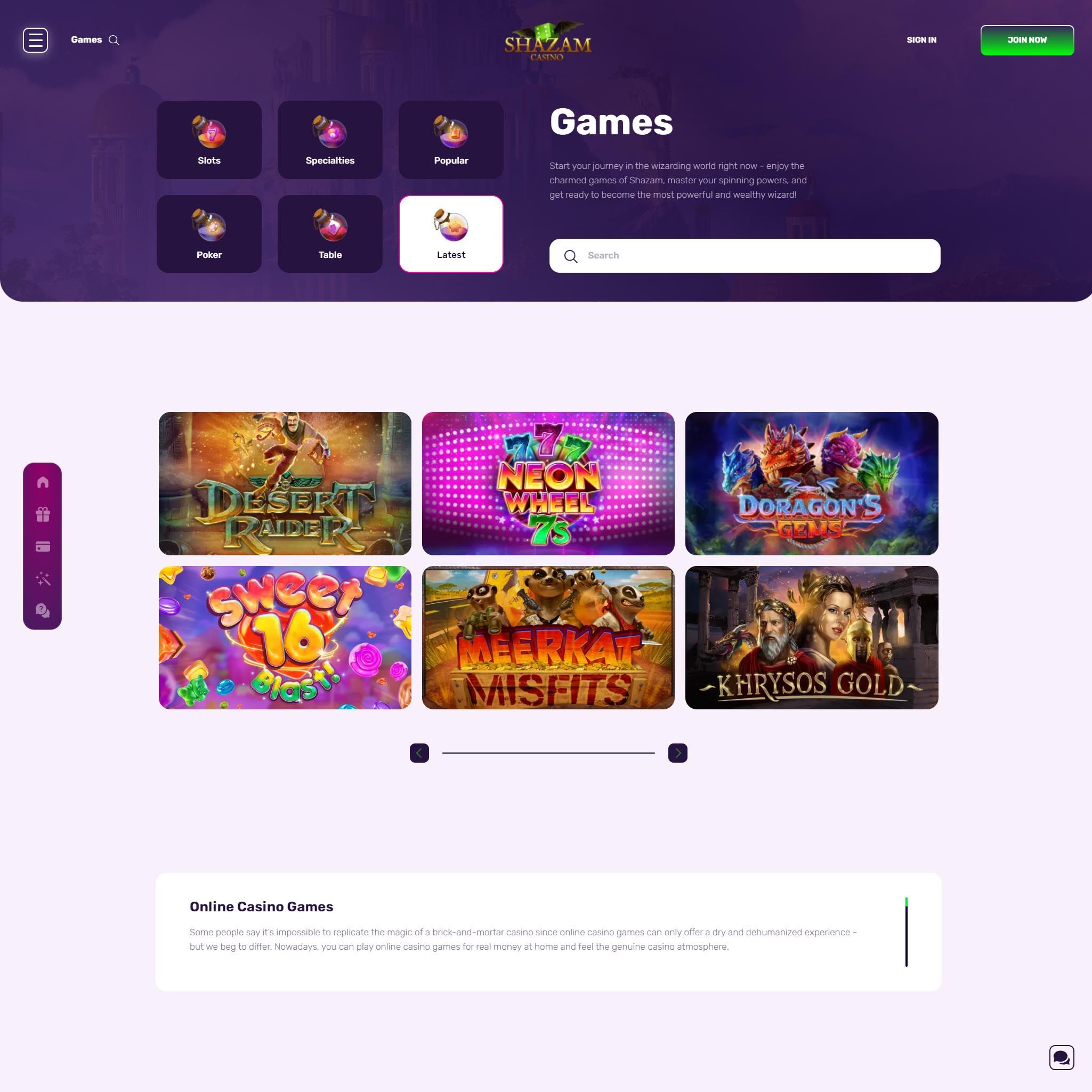 Shazam Casino full games catalogue