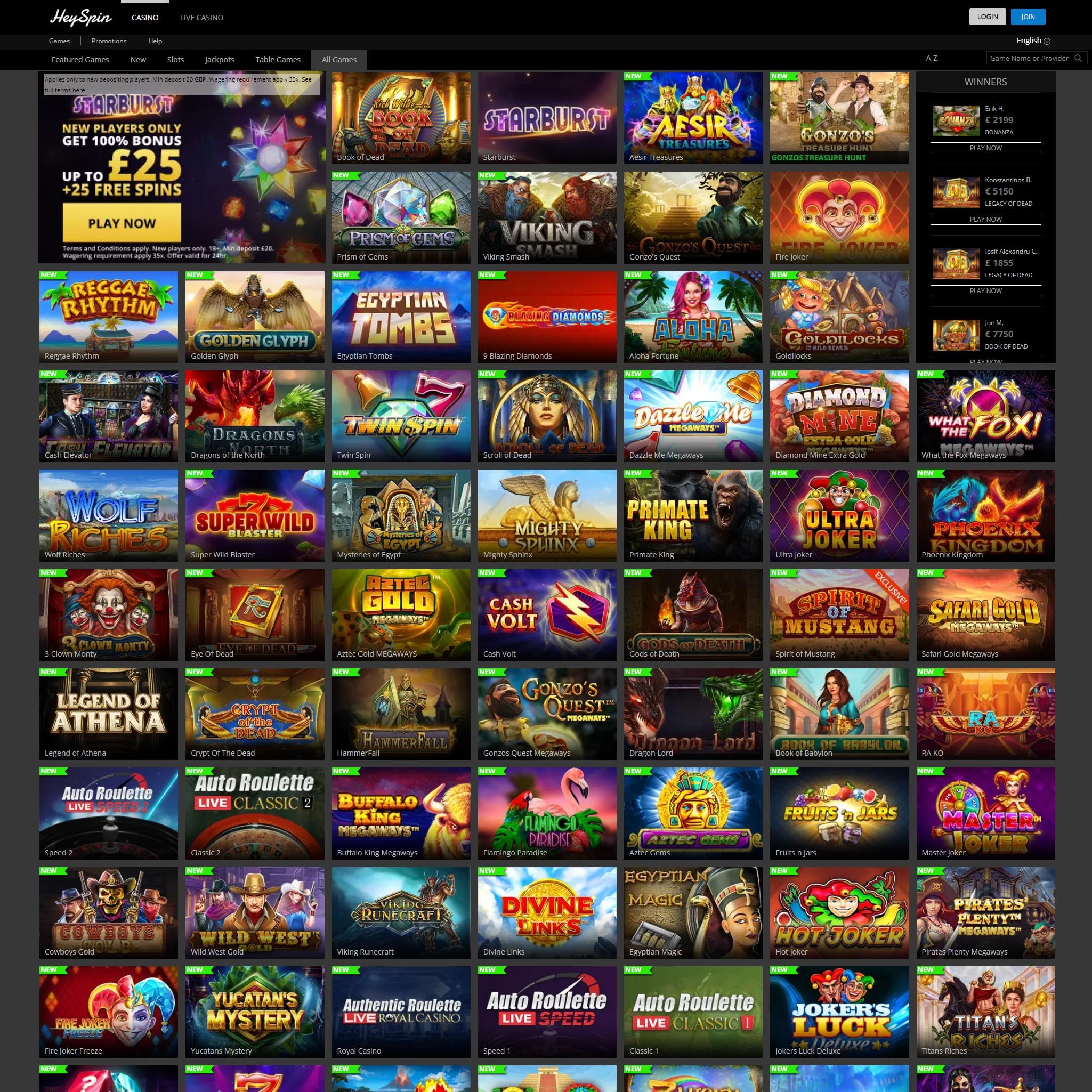 Find Hey Spin Casino game catalog