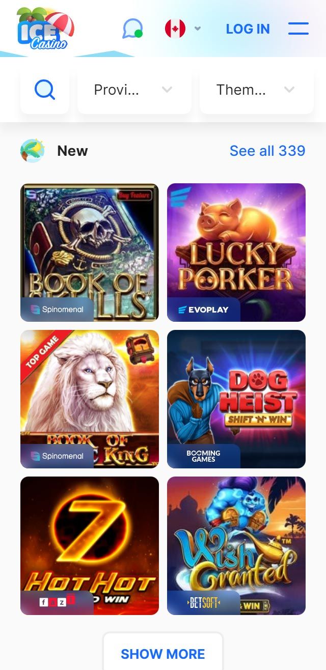 Interfejs aplikacji Ice Casino na smartfonie, pokazujący ekran główny z grami i przyciskiem logowania