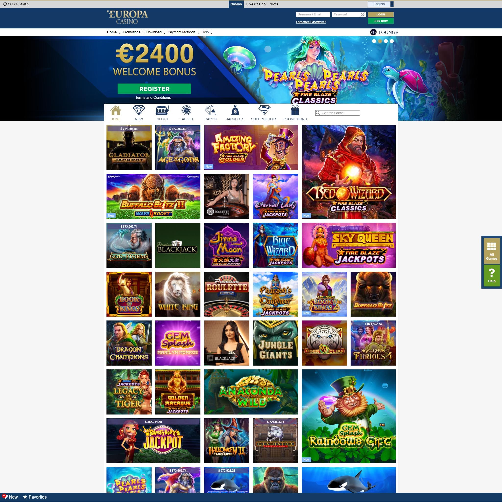 Europa Casino game catalogue