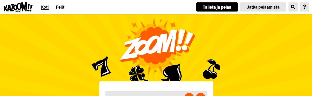 kazoom etusivu on suomenkielinen nettikasino ilman rekisteröitymistä jonka aula tarjoaa kasinopelejä, live-kasinon ja bonuksia