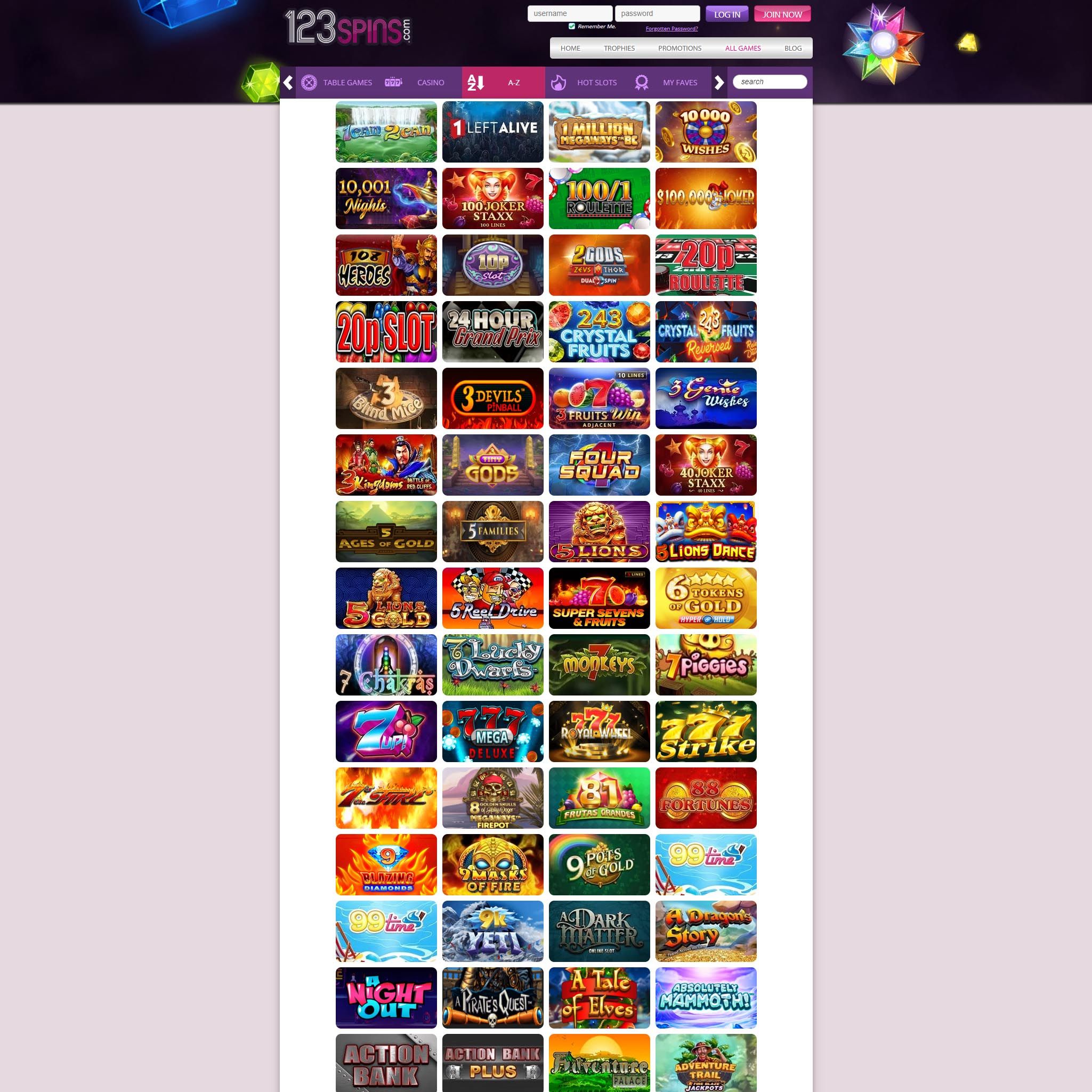 123spins Casino game catalogue