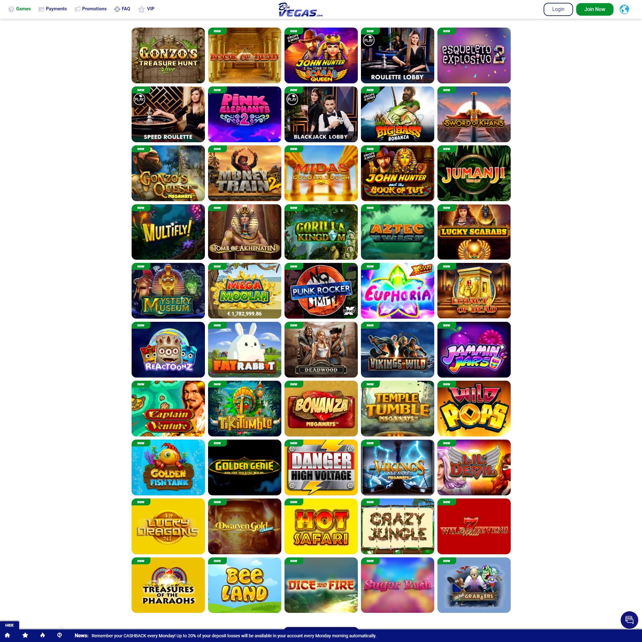 BluVegas Casino game catalogue