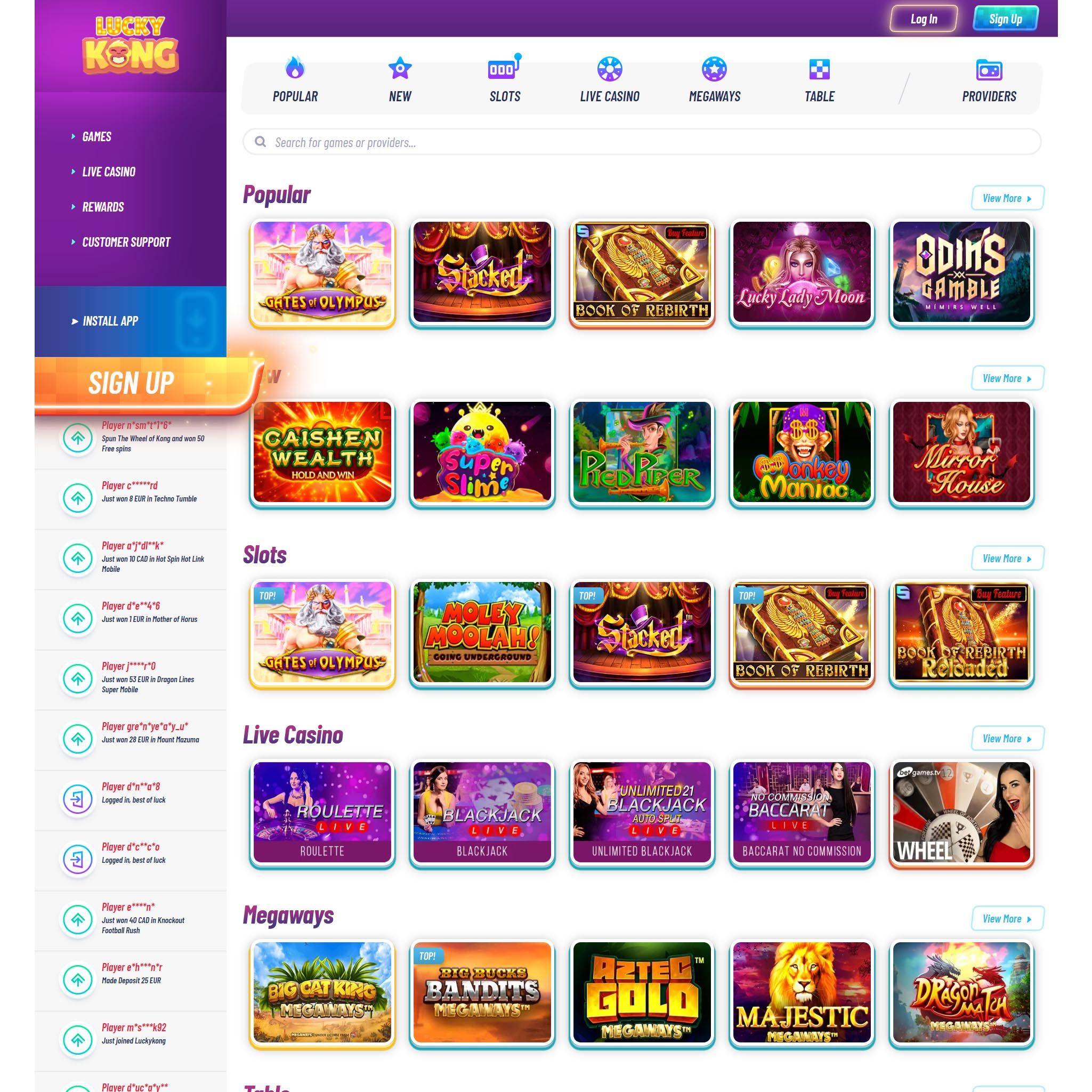Find Lucky Kong Casino game catalog