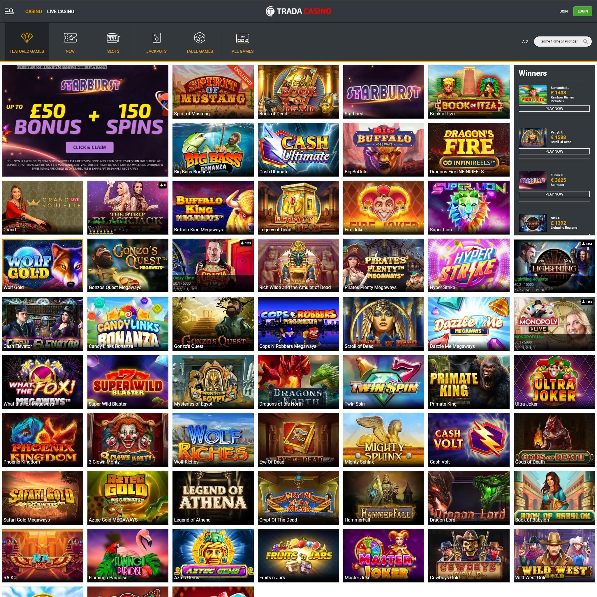 Find Trada Casino game catalog
