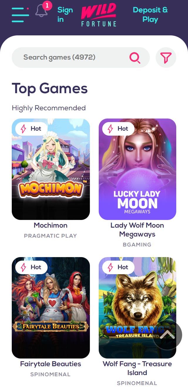 Screenshot of the Wild Fortune app interface showcasing game lobby and navigation