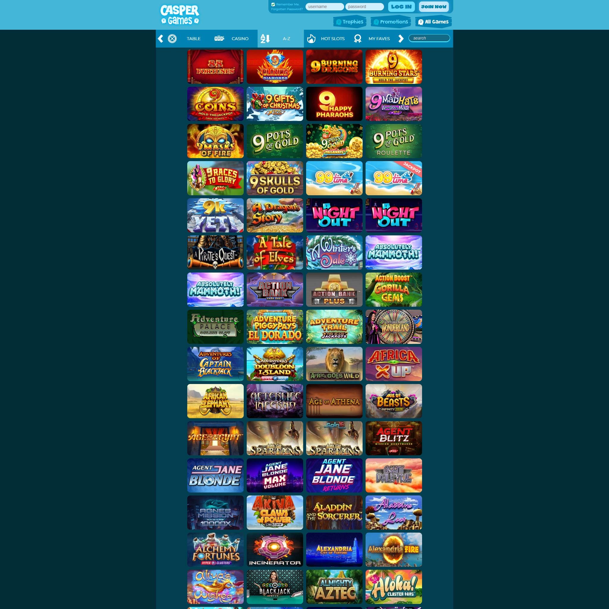 Casper Games Casino game catalogue