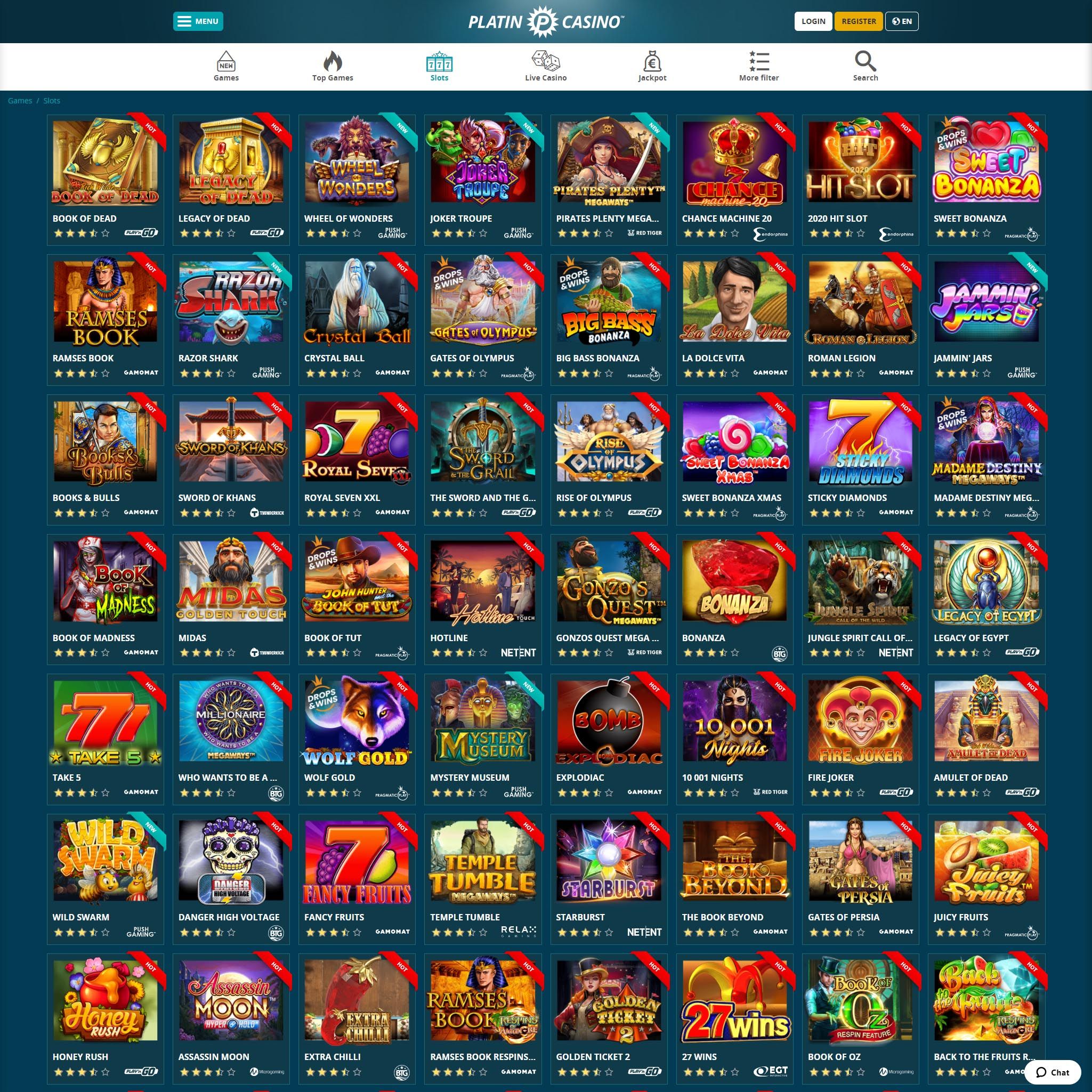 Platin Casino game catalogue
