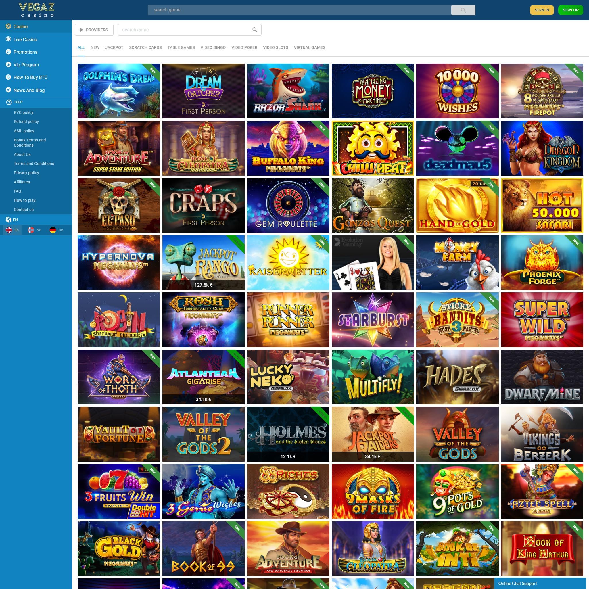 Vegaz Casino full games catalogue