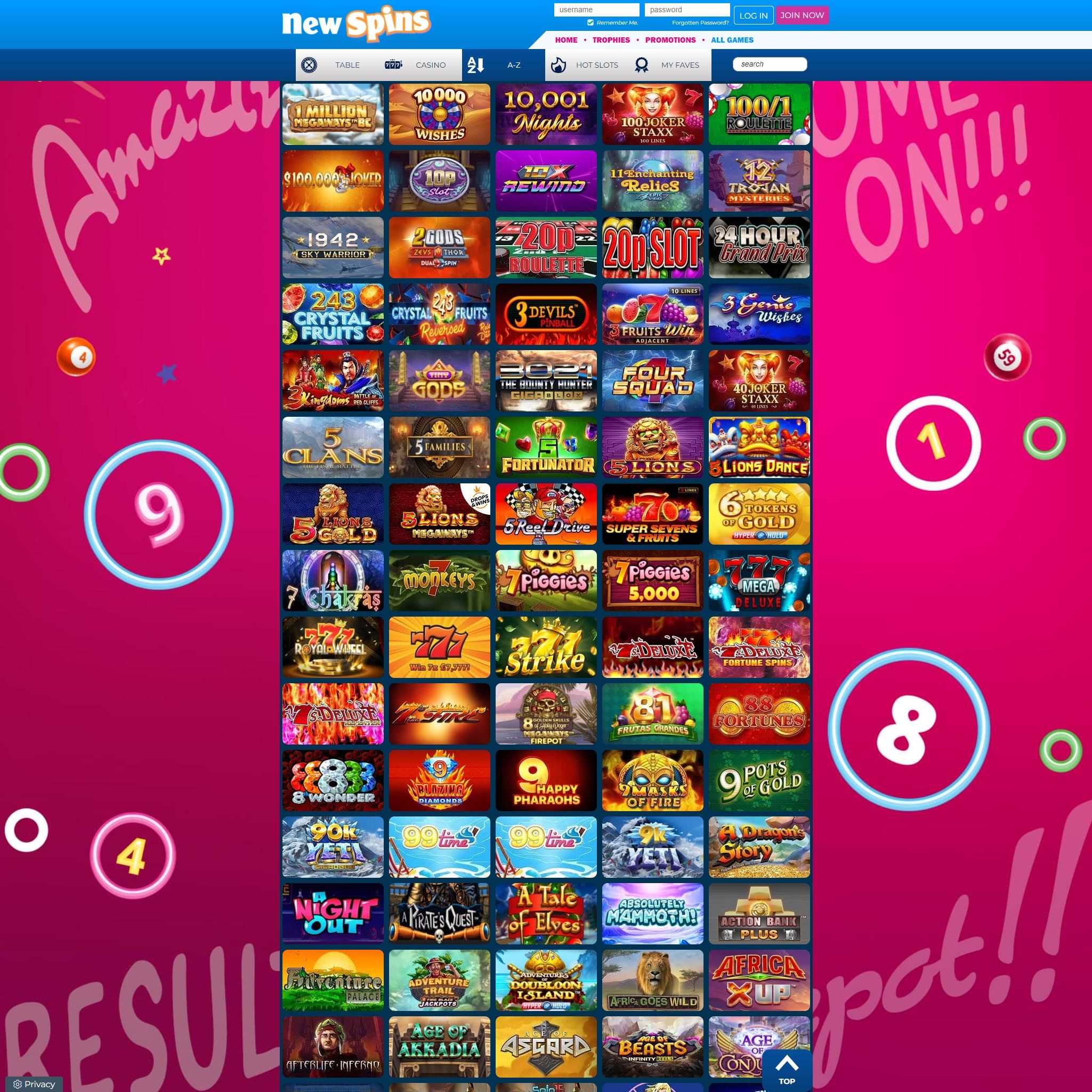 New Spins Casino game catalogue