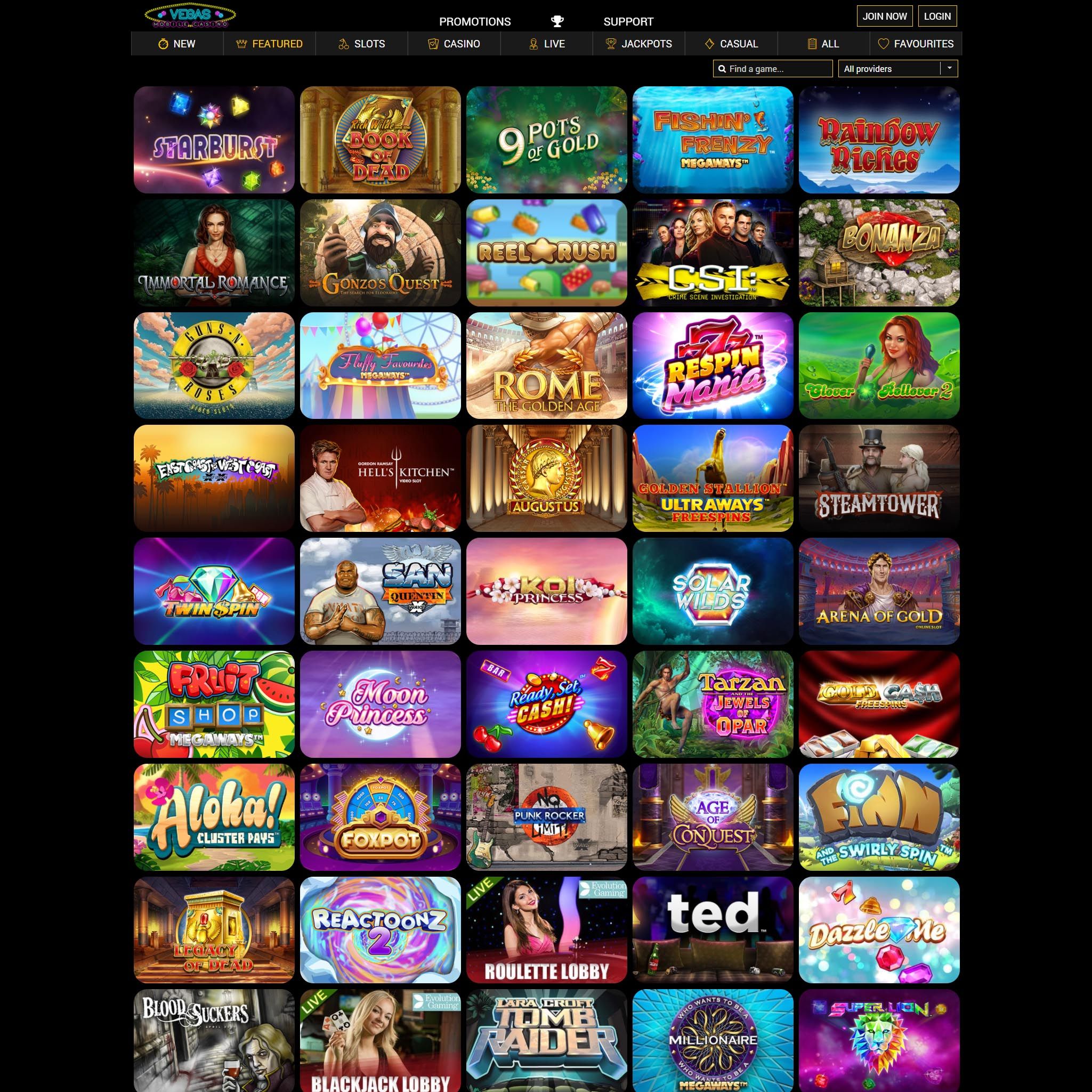 Vegas Mobile Casino game catalogue