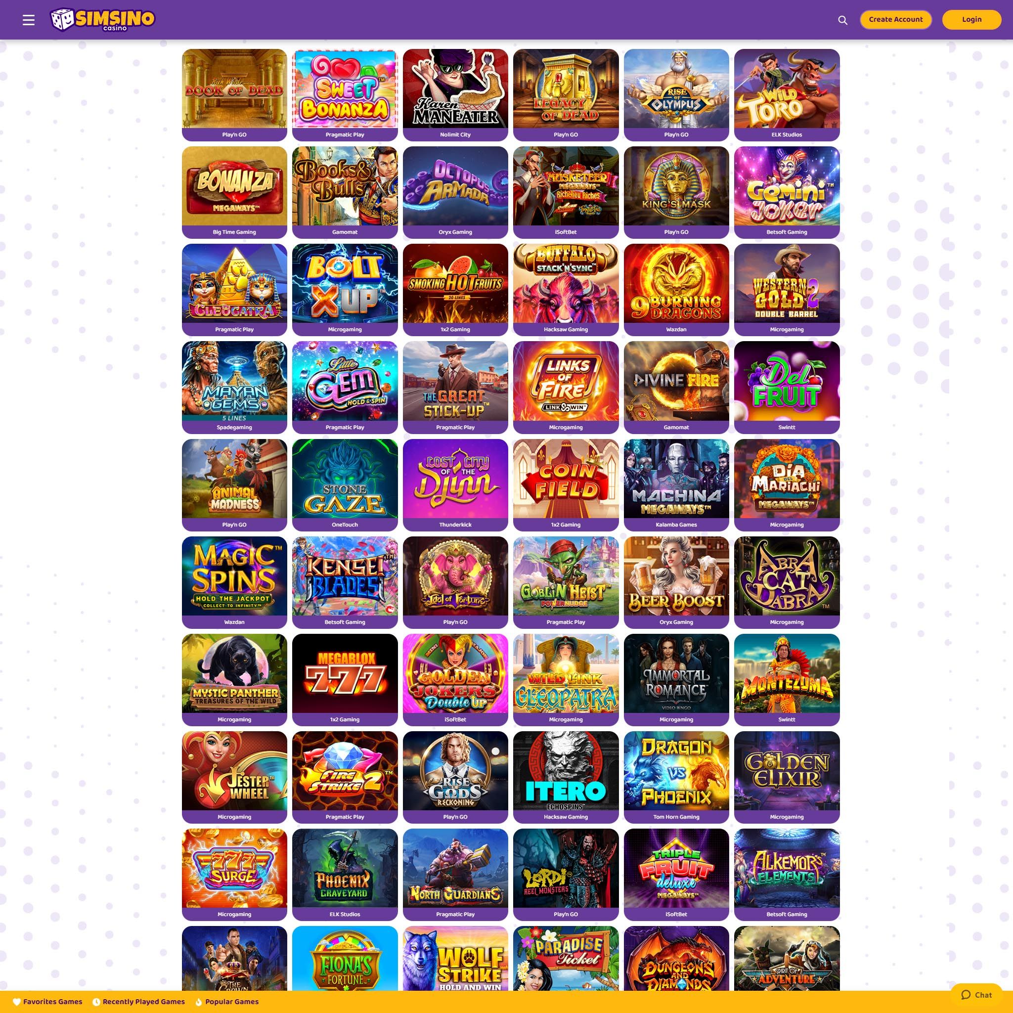 Find Simsino Casino game catalog