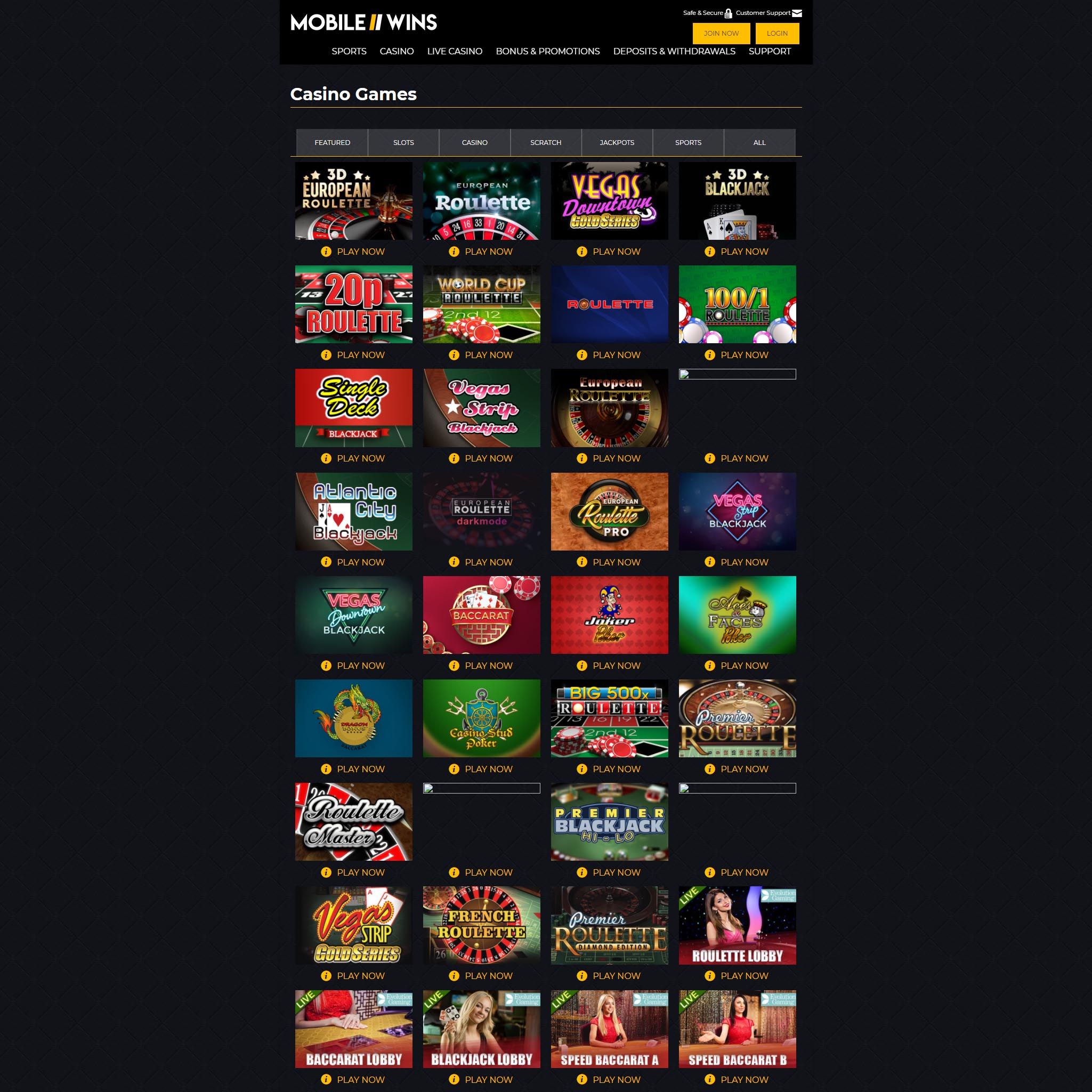 Mobile Wins Casino full games catalogue