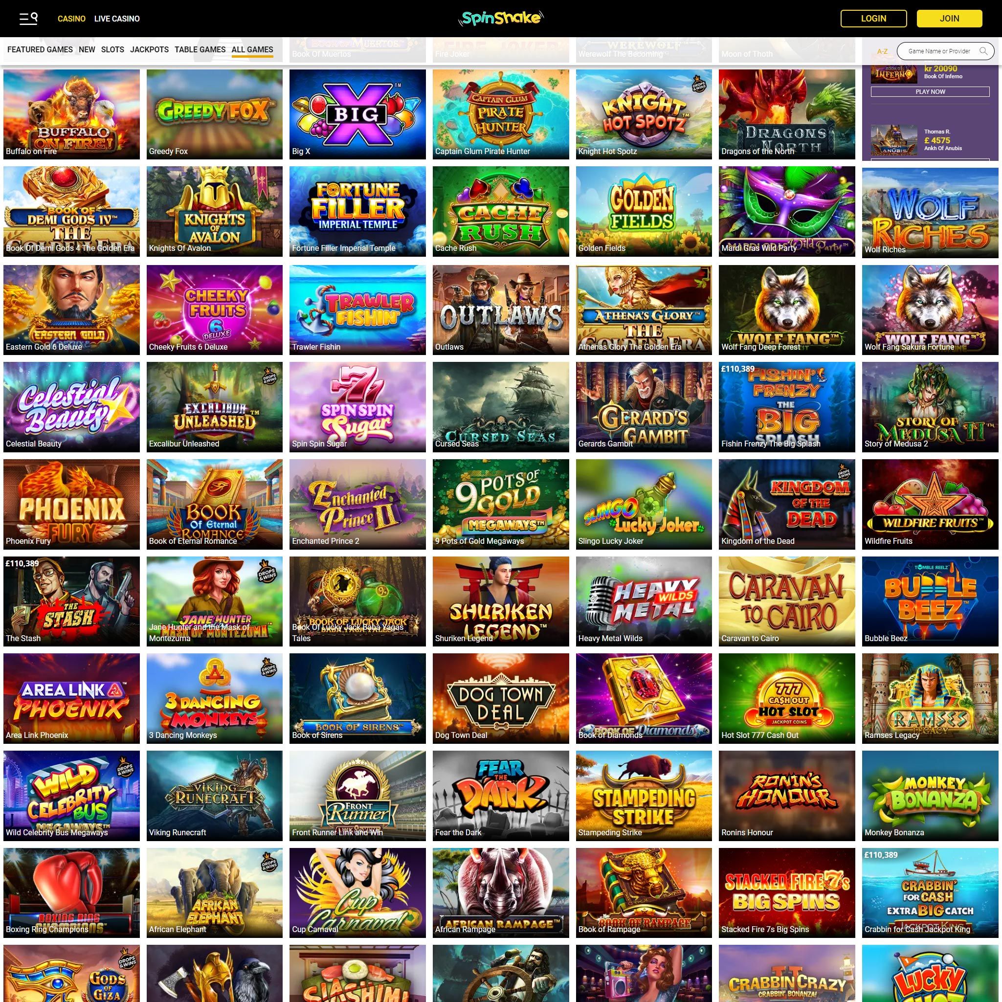 SpinShake Casino game catalogue