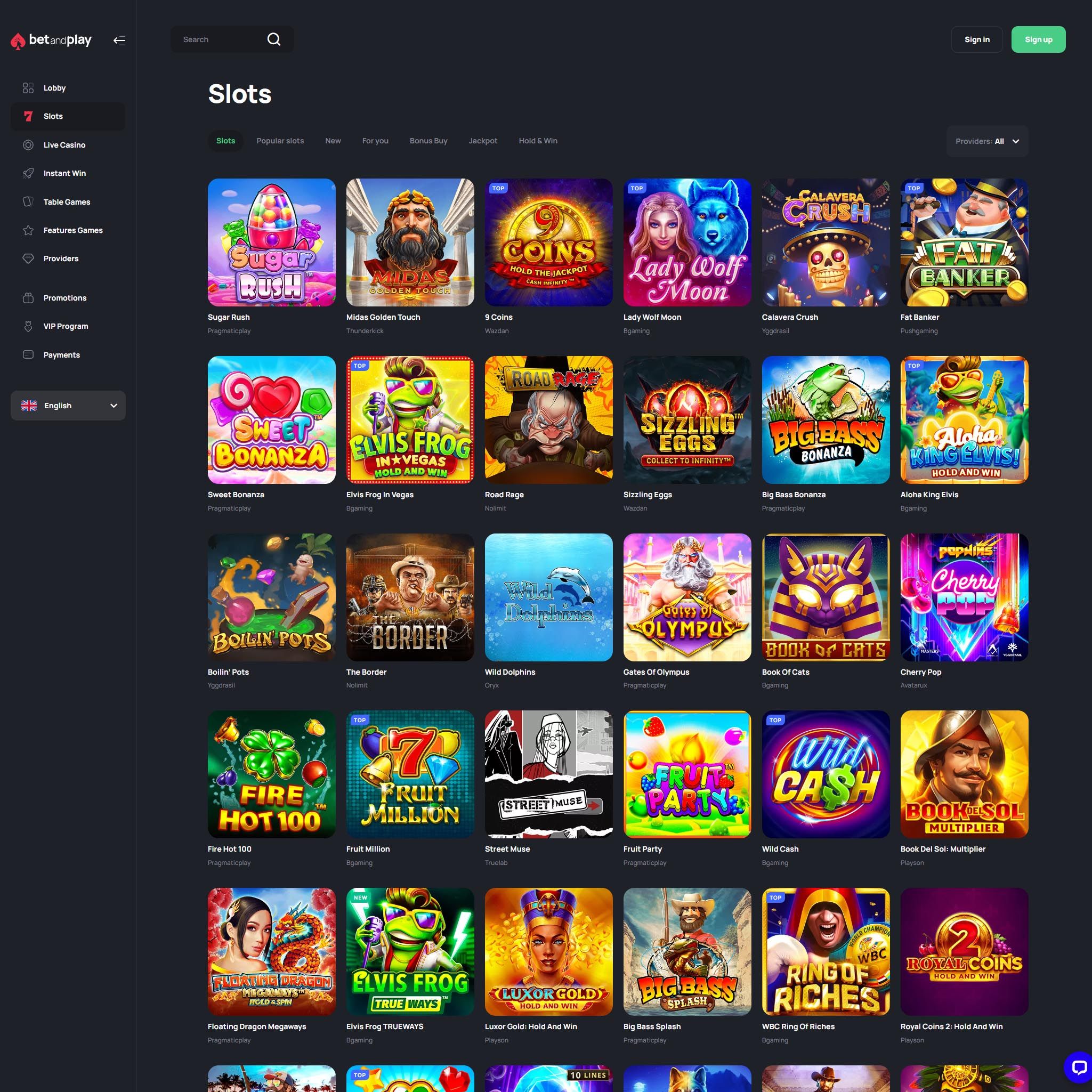 Find BetandPlay Casino game catalog