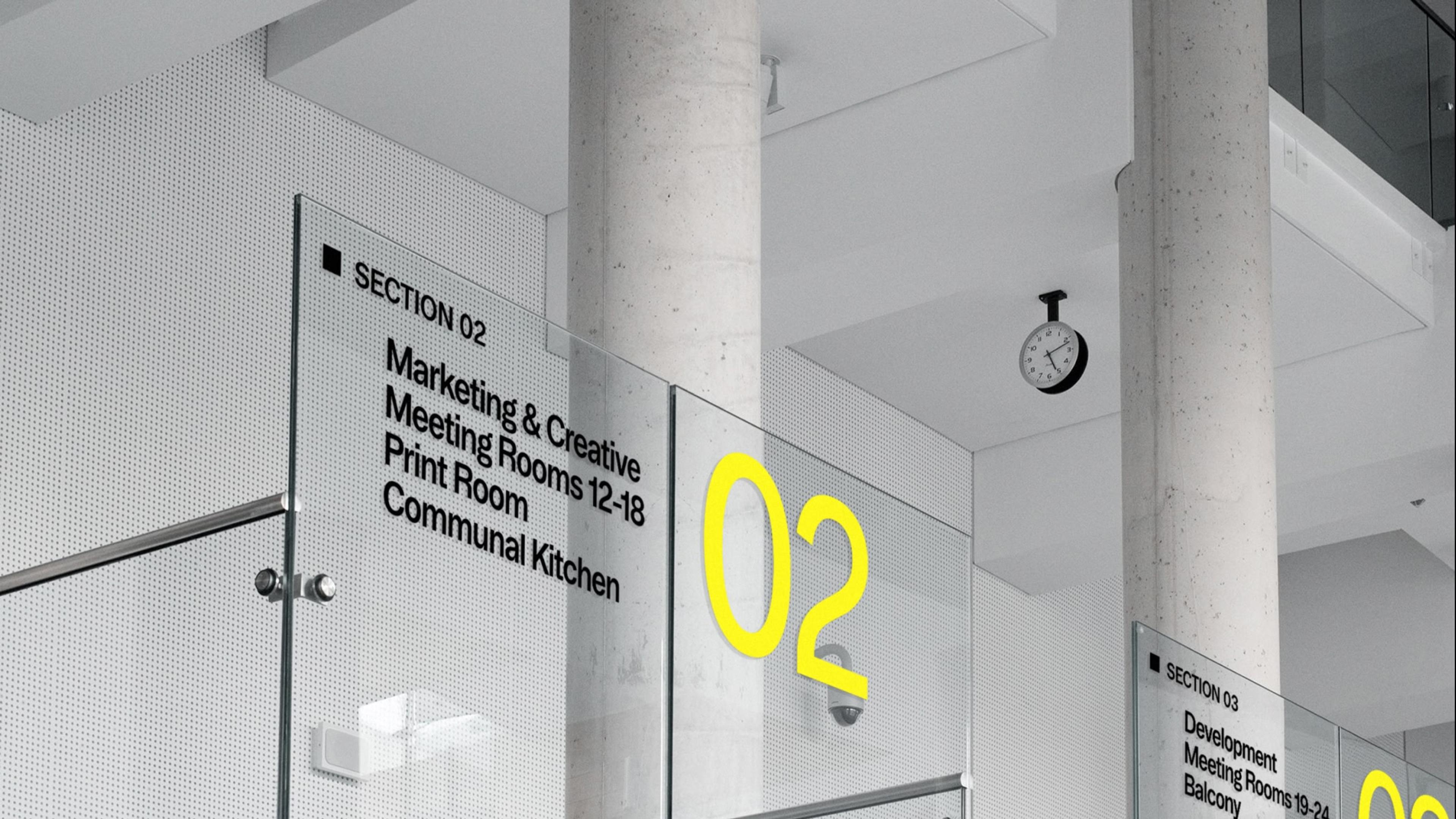 Office sign, black text on glass, minimal brutalist aesthetic