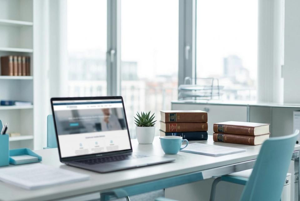 Moderne Kanzlei-Website auf einem Laptop auf dem Schreibtisch eines Anwalts