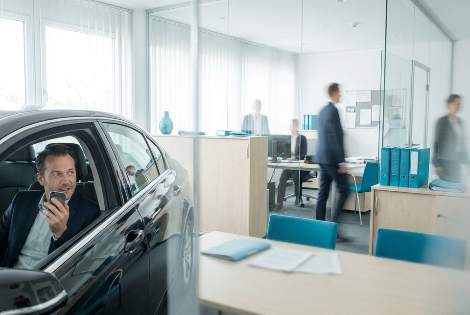 Geschäftsmann stellt seinem Sprachassistenten im Auto eine Frage