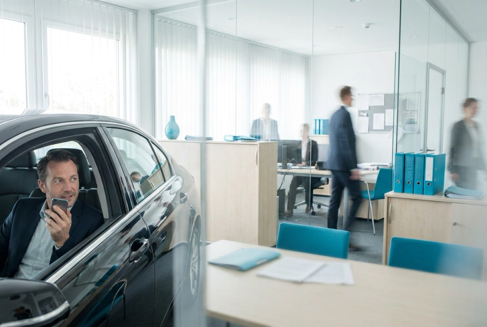 Geschäftsmann stellt seinem Sprachassistenten im Auto eine Frage