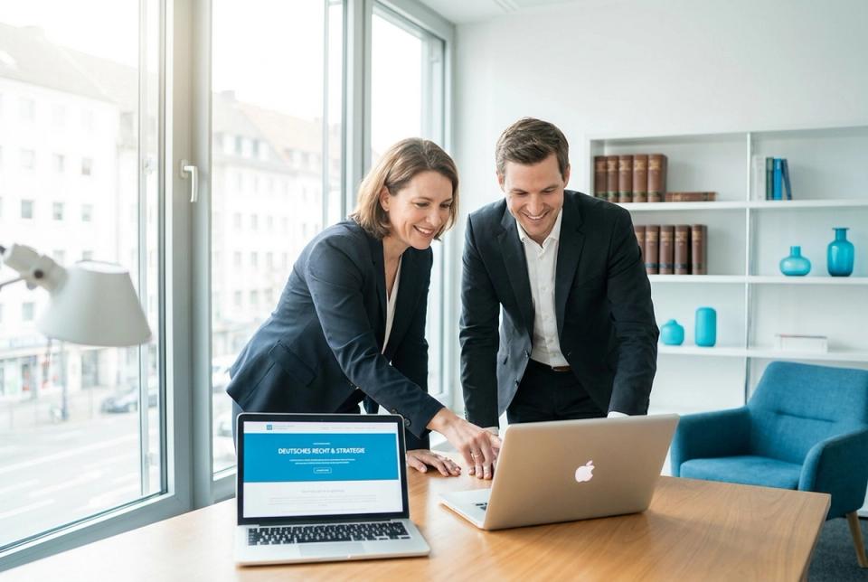 Beratung: Anwältin und Marketing-Experte besprechen Kanzleiwebsite am Laptop