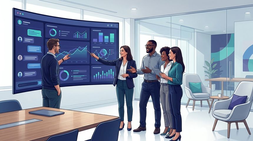 Marketing-Team analysiert Kampagnen-Dashboard mit KI-Werbemetriken — KI-generiertes Symbolbild