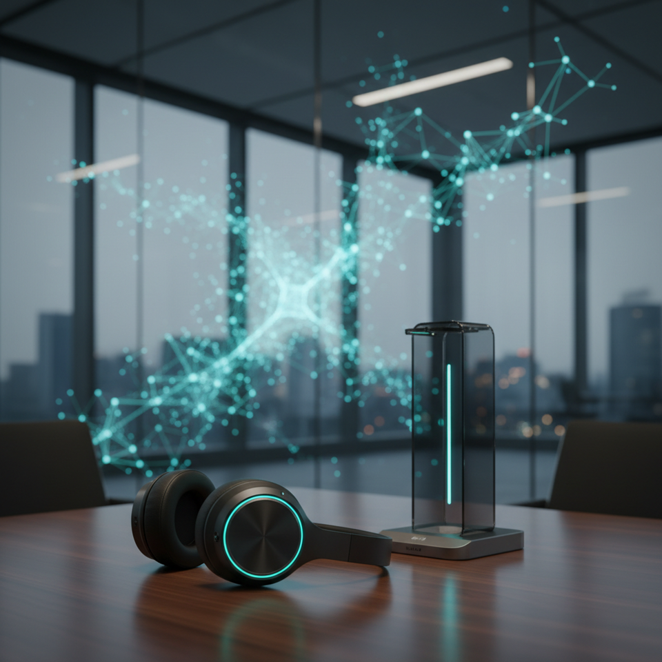 KI-Anrufbeantworter für Anwaltskanzleien — modernes Headset mit neuronalem Netzwerk-Hintergrund