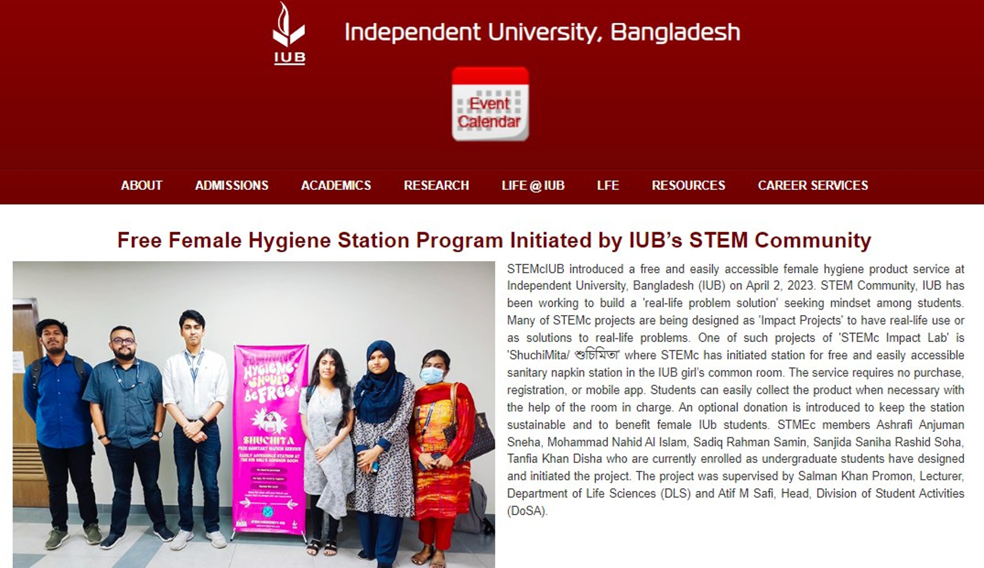 Free Female Hygiene Station Program Initiated by STEM Community, IUB