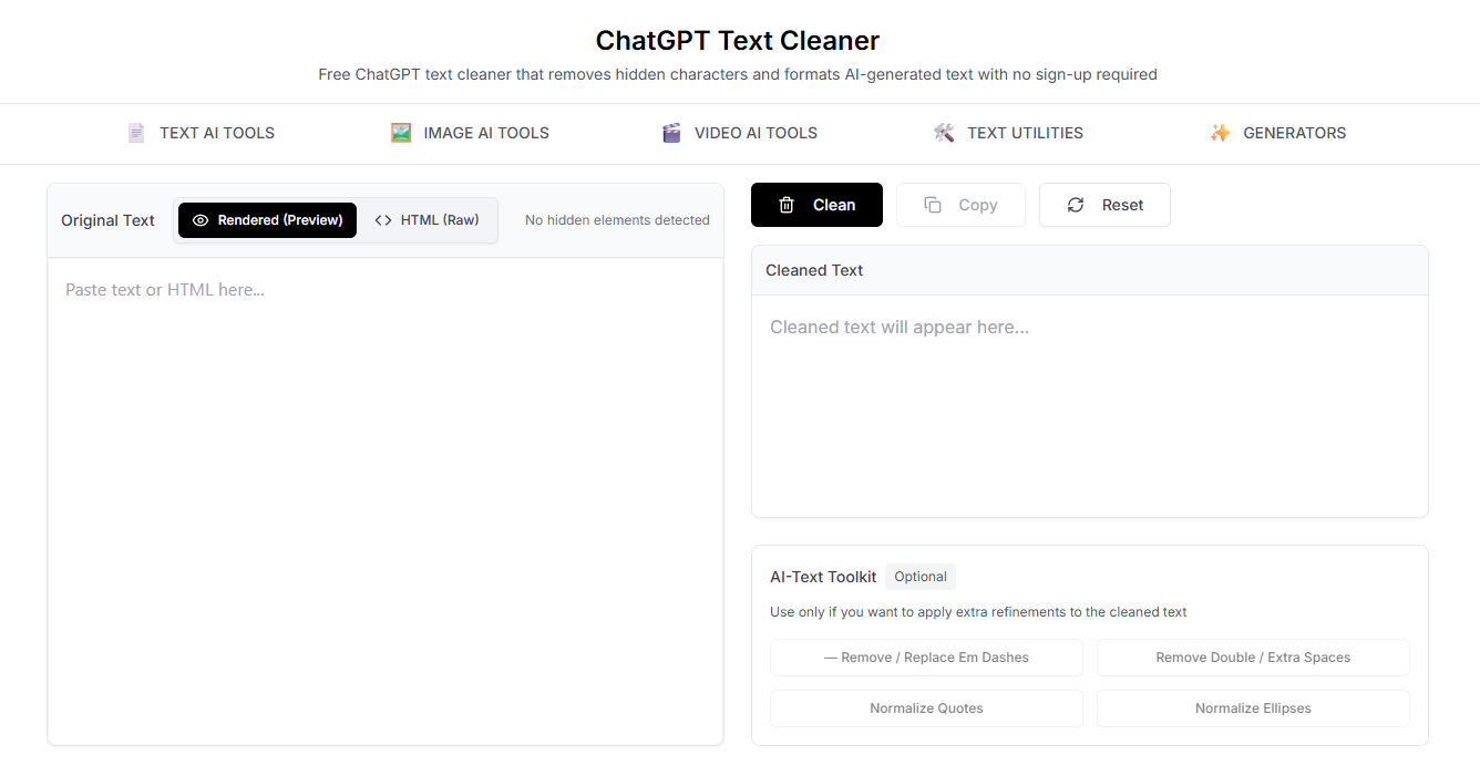 screenshot of gptcleanup - a tool for remover ai watermarks from text