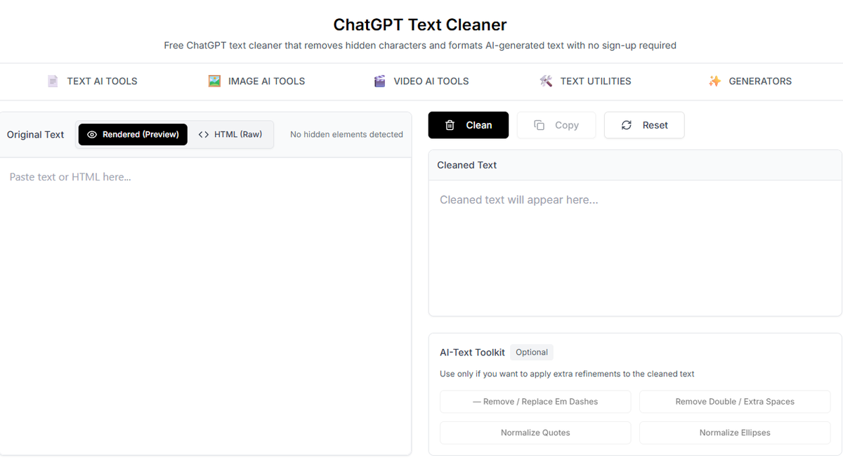screenshot of gptcleanup - a tool for remover ai watermarks from text