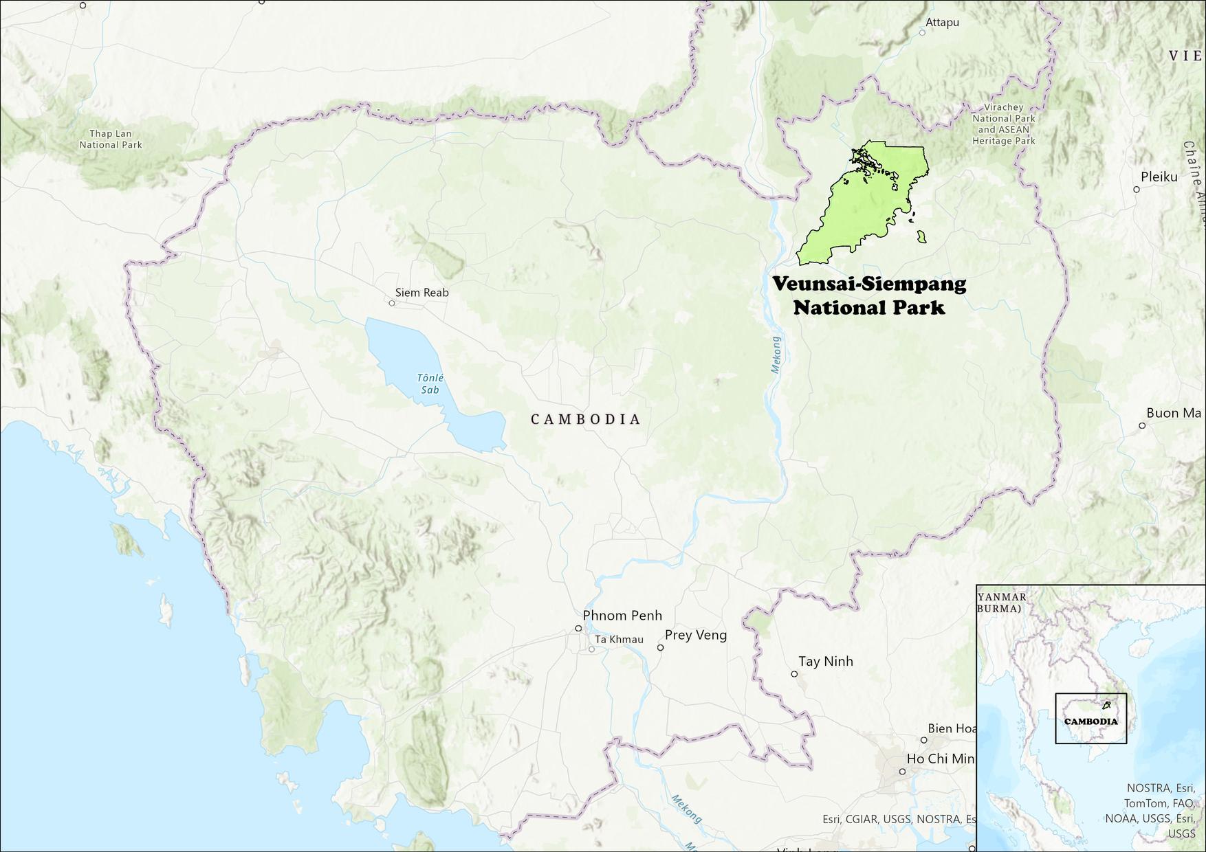 Map highlighting the Veunsai-Siempang National Park in the northeastern corner of Cambodia