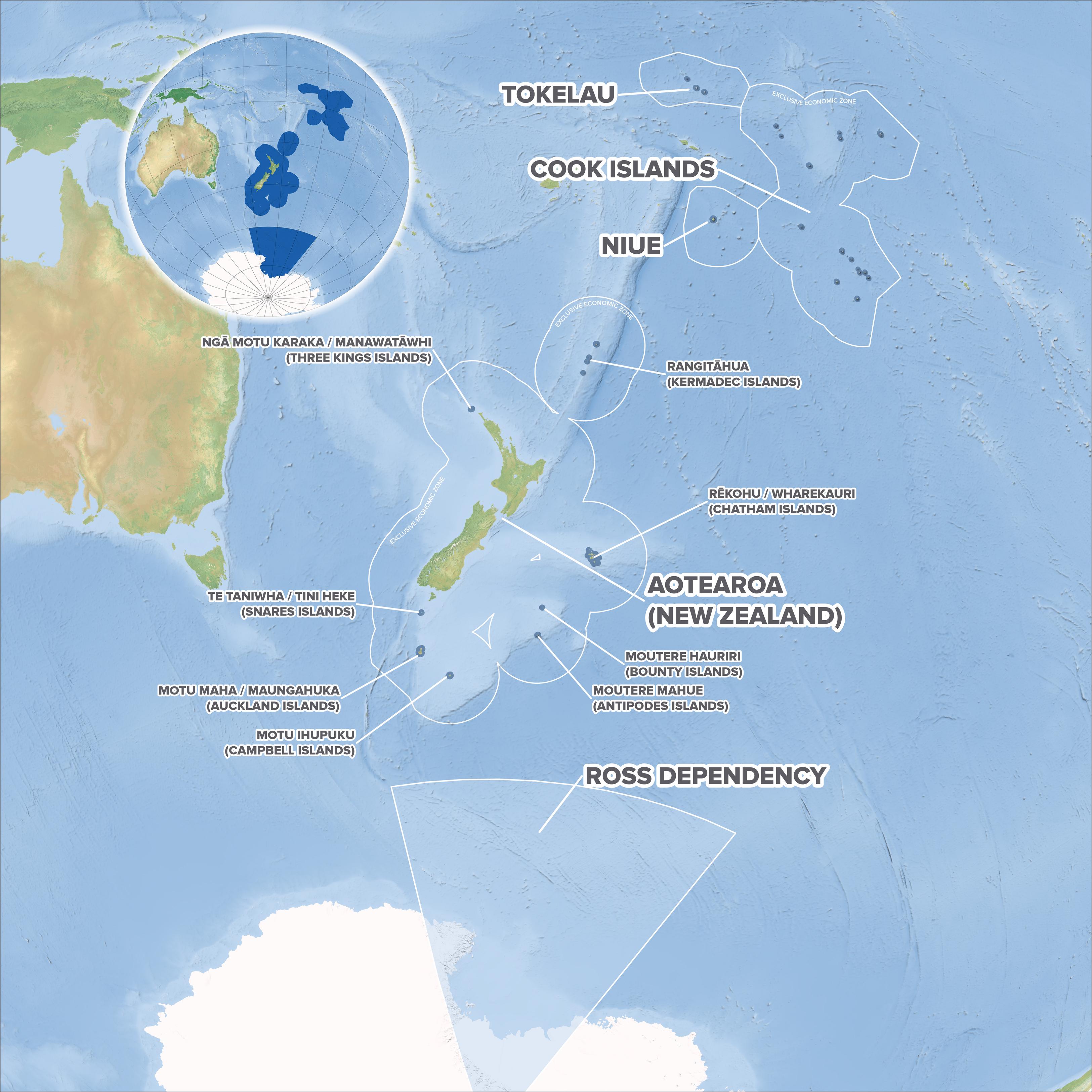 Map of Aotearoa (New Zealand) with its proximity to Australia and Antarctica and highlighting its vast marine territory.