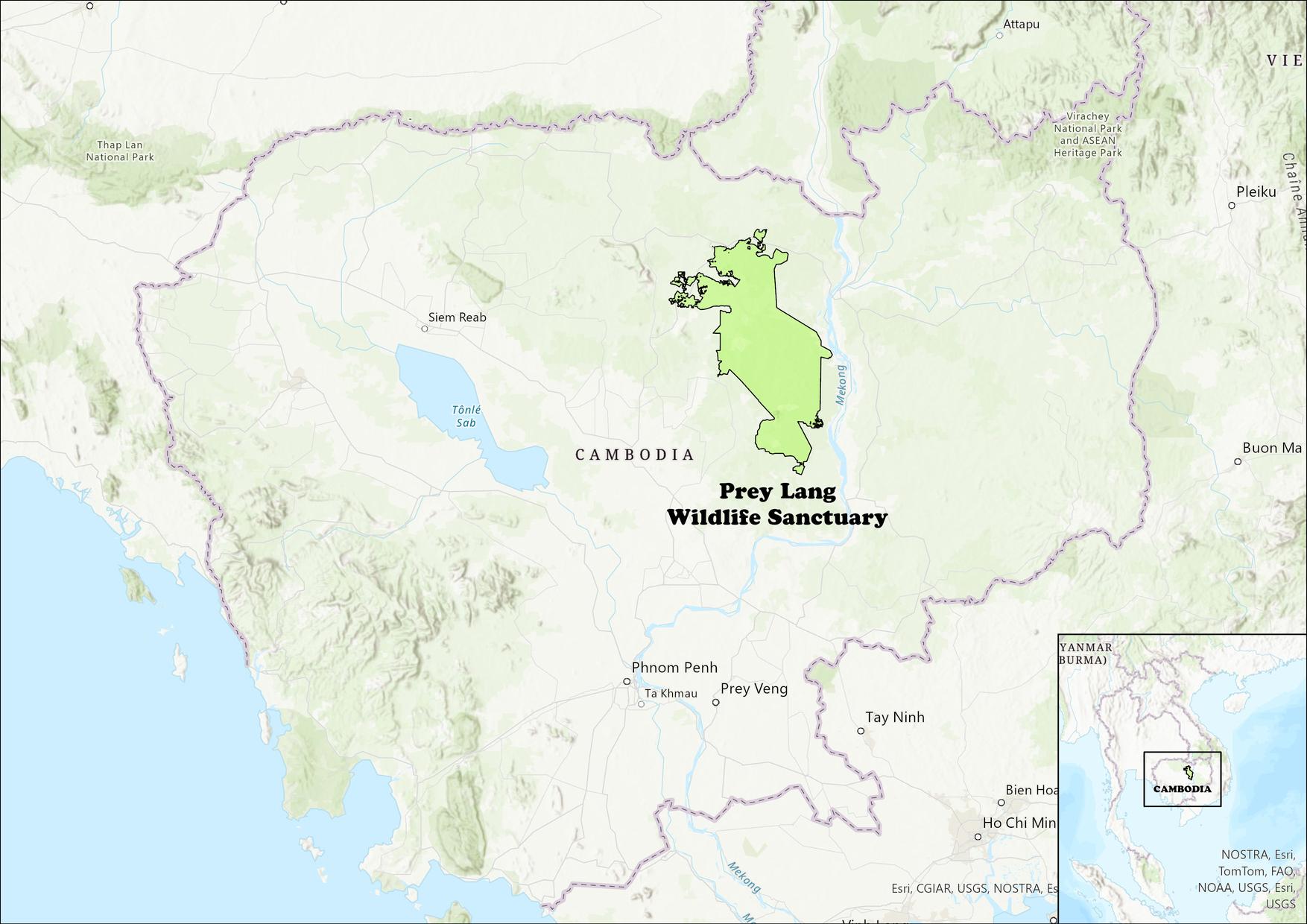 Map highlighting the Prey Lang Wildlife Sanctuary in north central Cambodia.