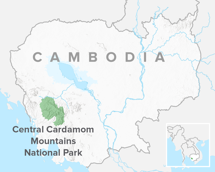 Map highlighting the Central Cardamom Mountains National Park in western Cambodia.