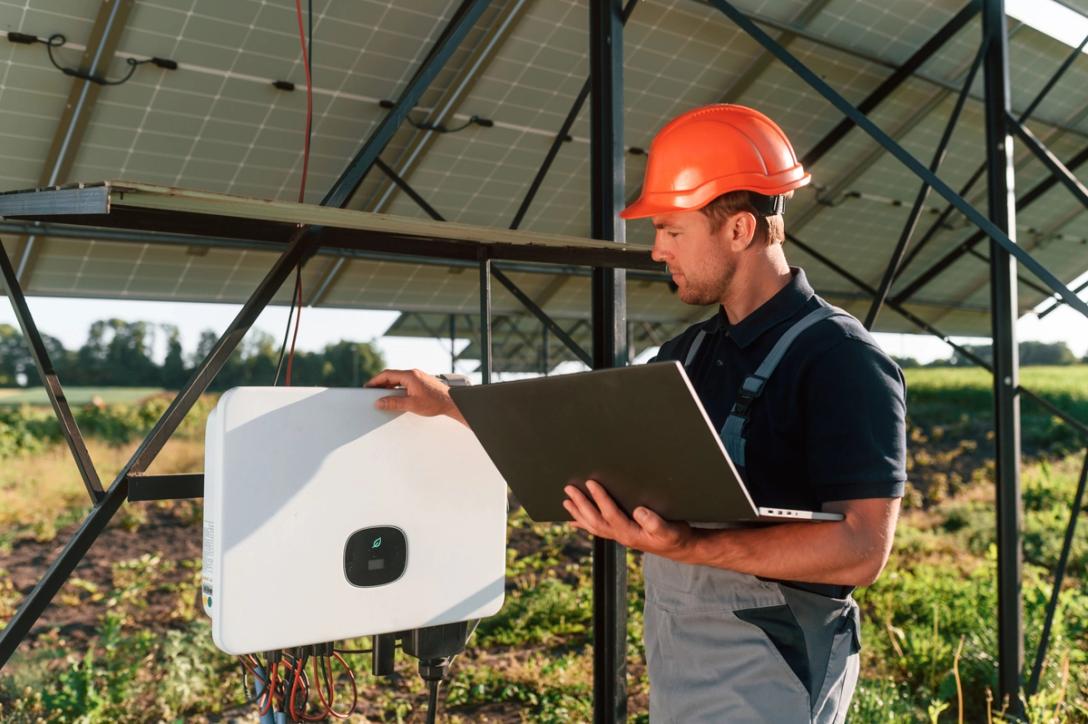 Solar maintenance technician on a utility-scale site