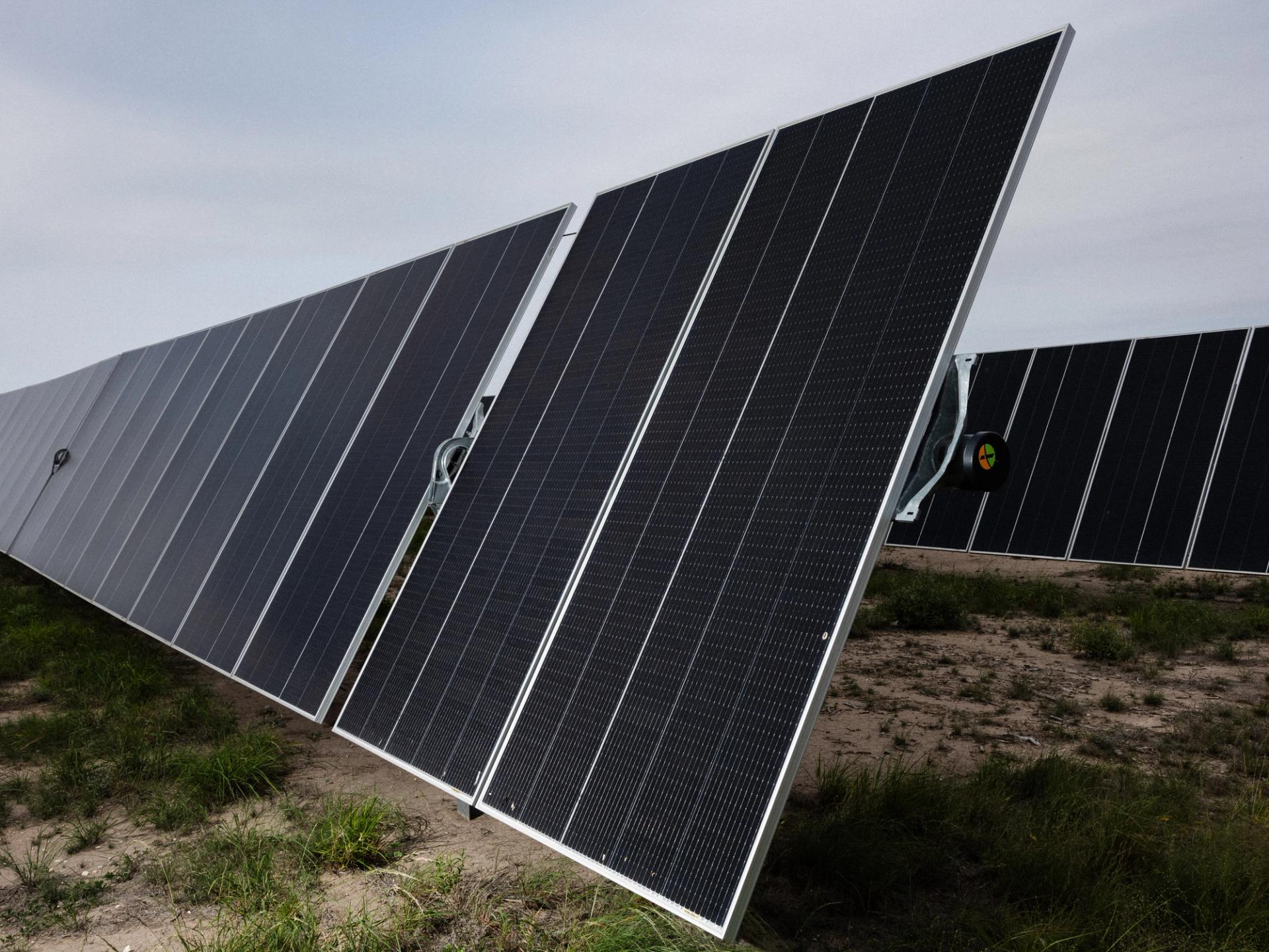Solar pile driving rig installing foundations on a utility-scale site