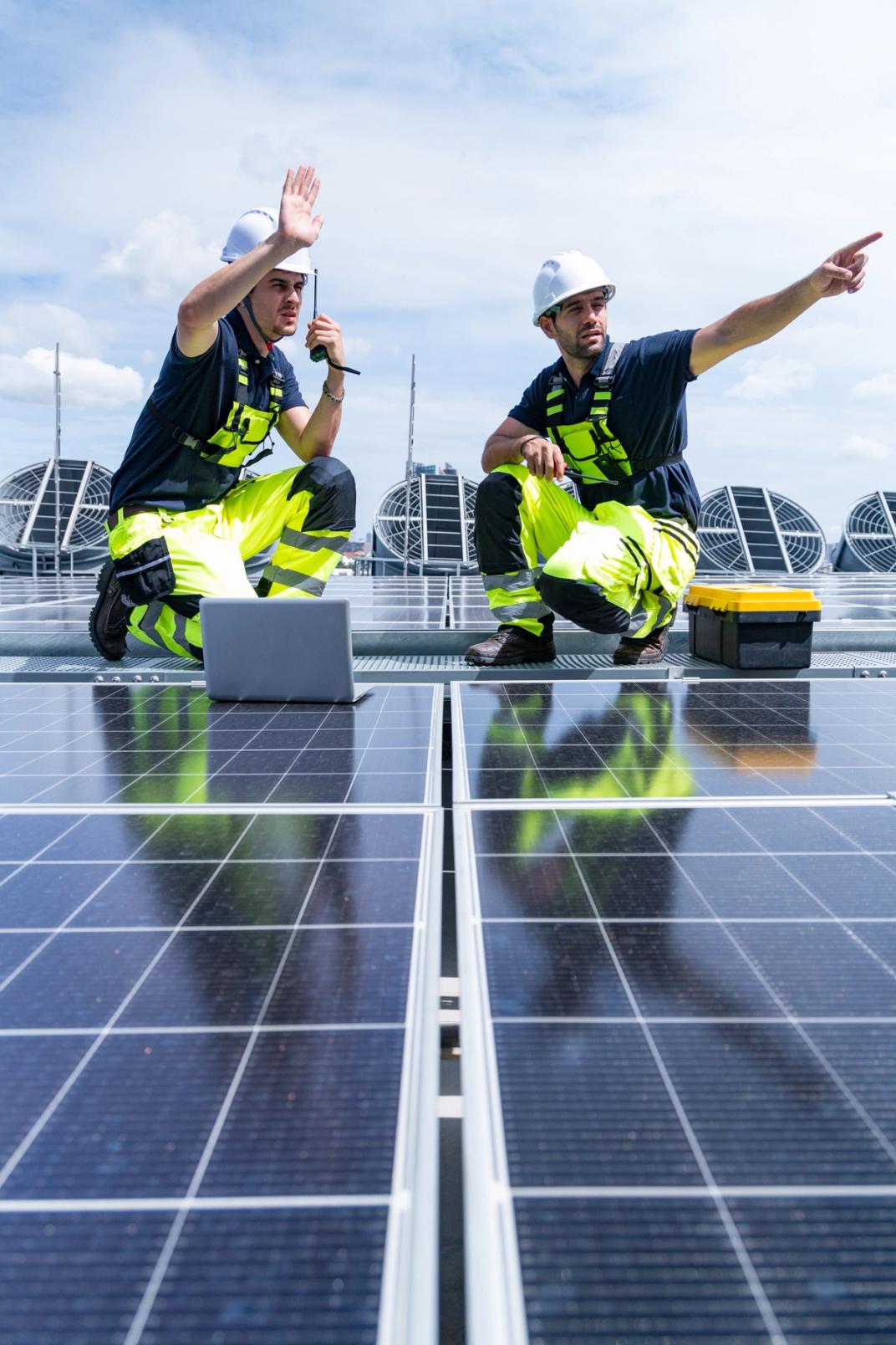 Crew restoring storm-damaged solar racking