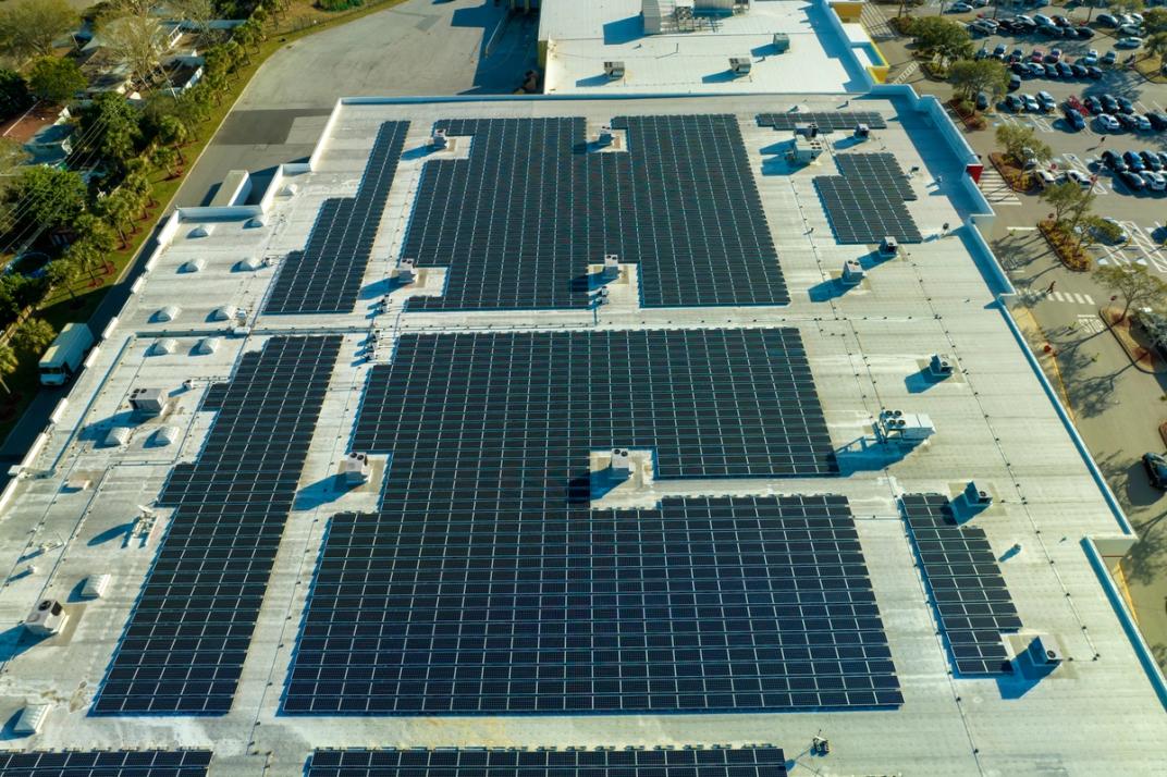 Aerial view of solar racking restored after pile remediation