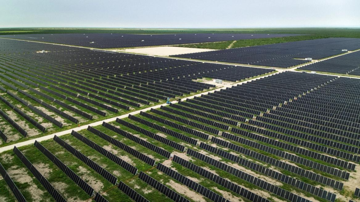 Aerial view of a solar energy farm