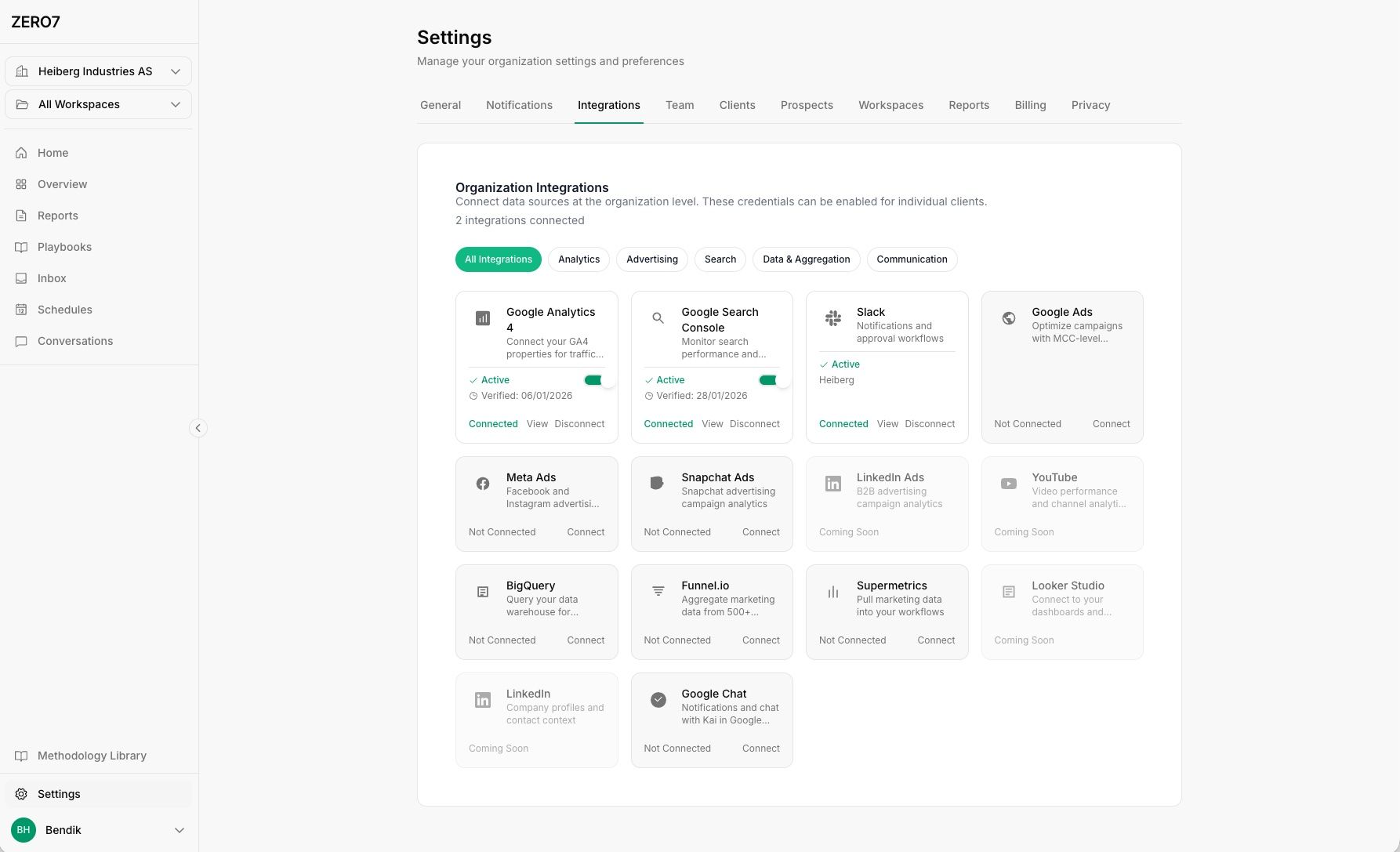 Integration page for zeroy.ai