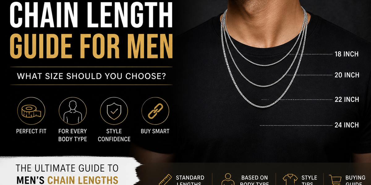 Man wearing multiple silver chains of different lengths (18, 20, 22, 24 inches) with a visual chain length guide for men, showing how necklace sizes fit on the chest against a black background.